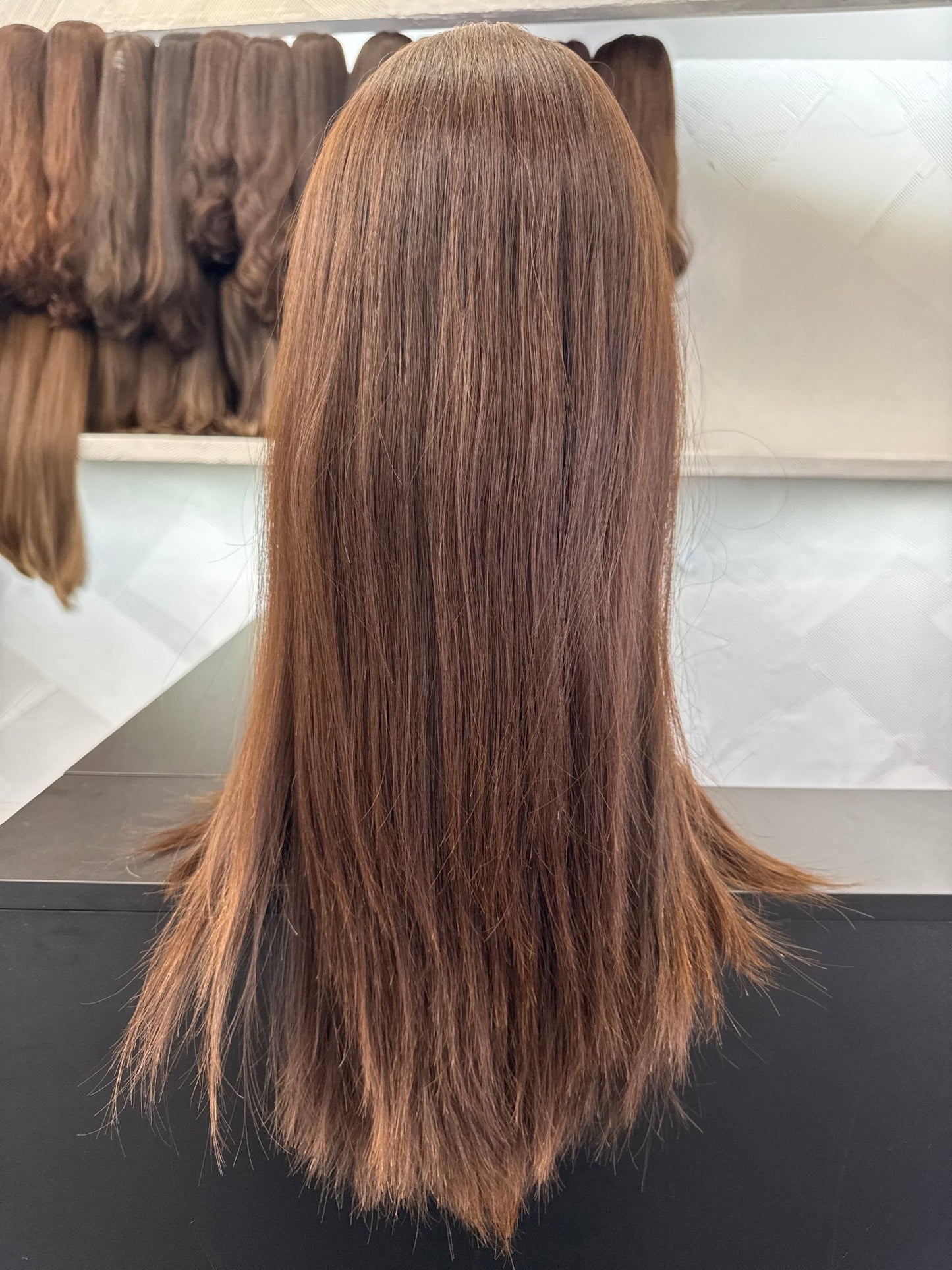 24" Human Hair Silk Top Wig | Chestnut Brown + Medium Blonde Brown + Light Brown | Large Cap | Straight Human Hair Silk Top Wig | Tallie Wigs Los Angeles