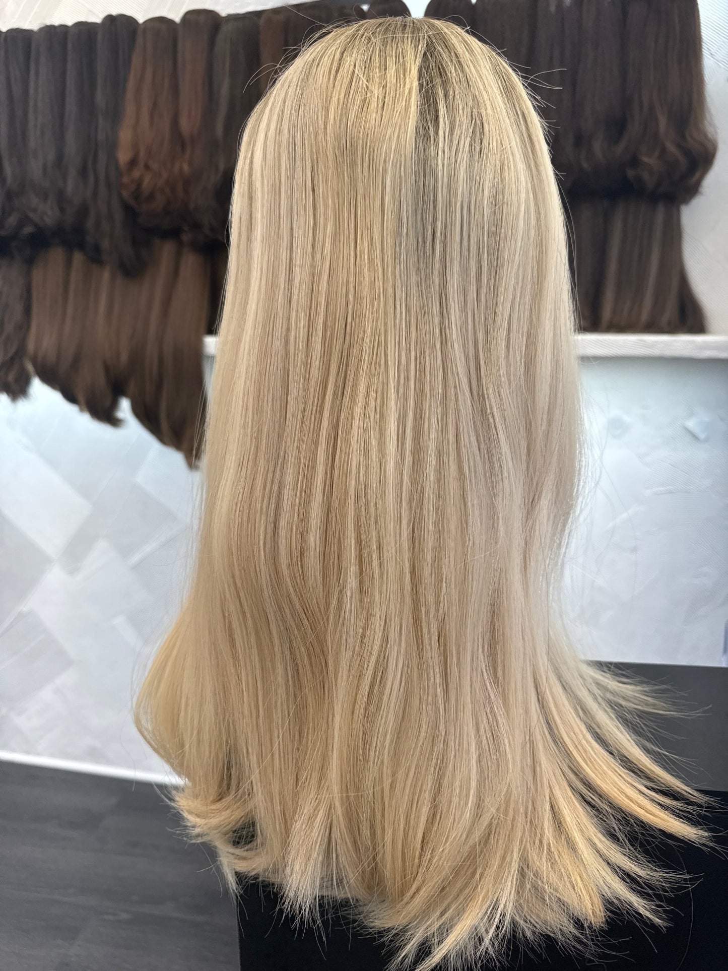 20" Human Hair Lace Top Wig | Butter Blonde + Light Golden Brown | Medium Cap | Straight Human Hair Lace Top Wig | Tallie Wigs Los Angeles