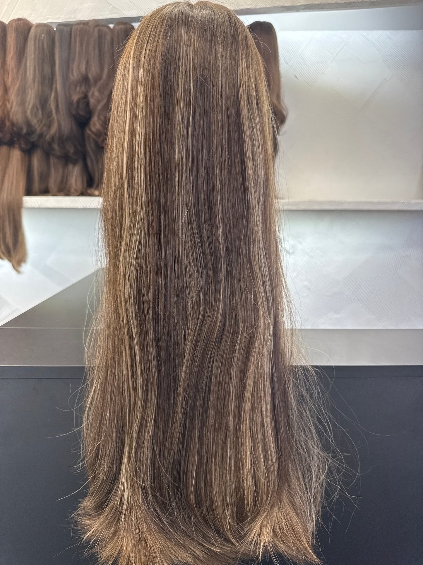 26 Inch Dark Brown, Chestnut Brown & Golden Blonde Lace Top Wig | Straight, Medium Cap Human Hair Lace Top Wig | Tallie Wigs Los Angeles