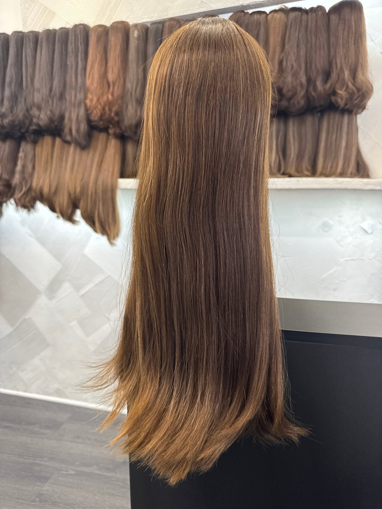 Chestnut Brown & Light Brown Lace Top Wig, 24 Inch | Straight, Medium Cap Human Hair Lace Top Wig | Tallie Wigs Los Angeles
