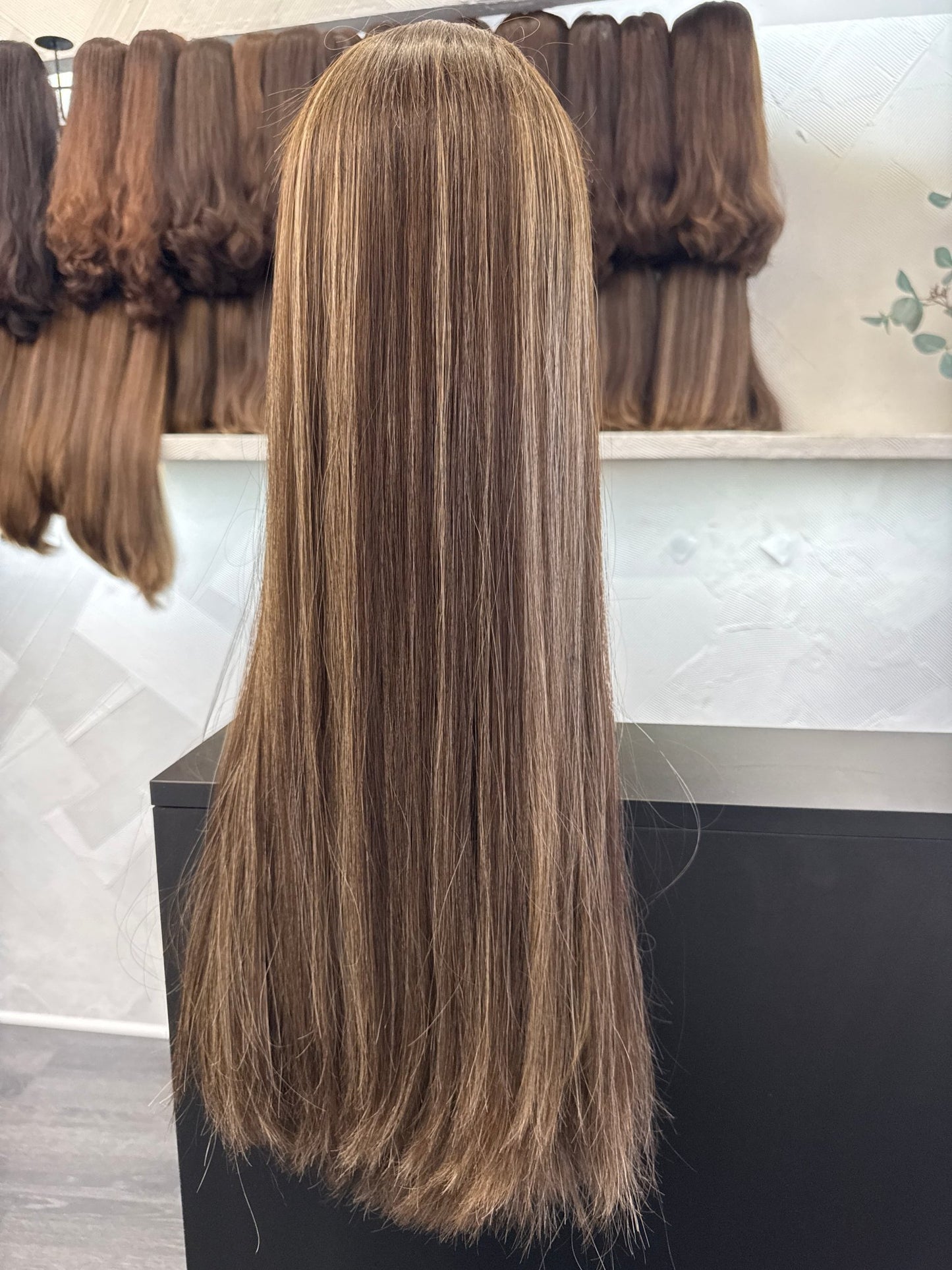 26" Human Hair Lace Top Wig | Chestnut Brown + Golden Blonde | Medium Cap | Straight Human Hair Lace Top Wig | Tallie Wigs Los Angeles