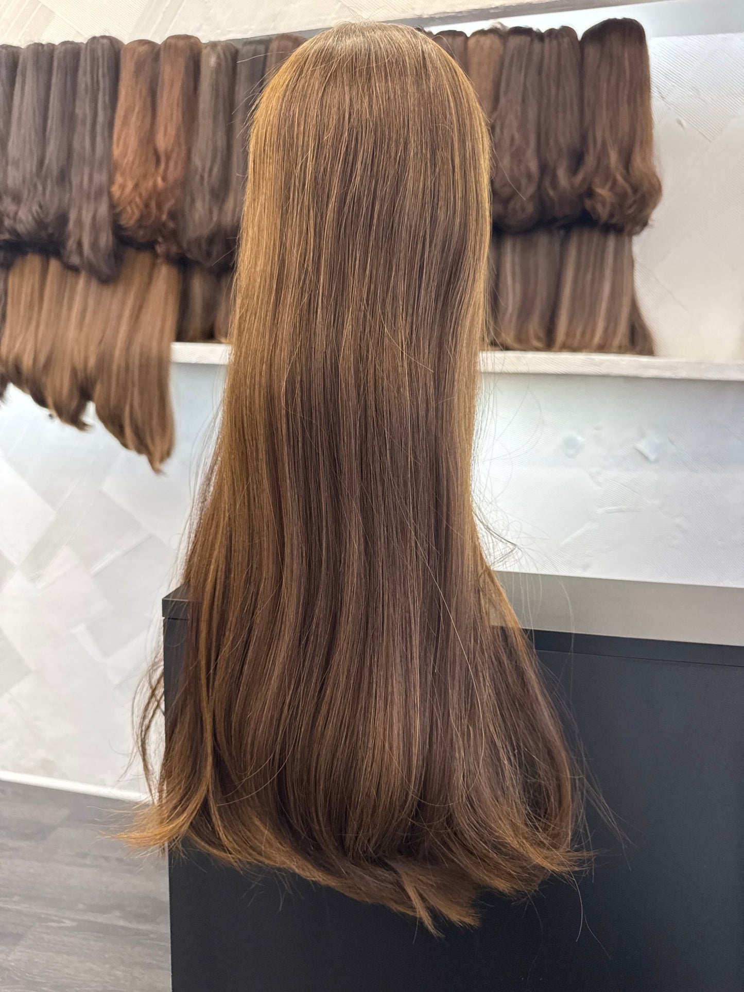 26 Inch Chestnut Brown & Light Brown Lace Top Wig | Straight, Medium Cap Human Hair Lace Top Wig | Tallie Wigs Los Angeles