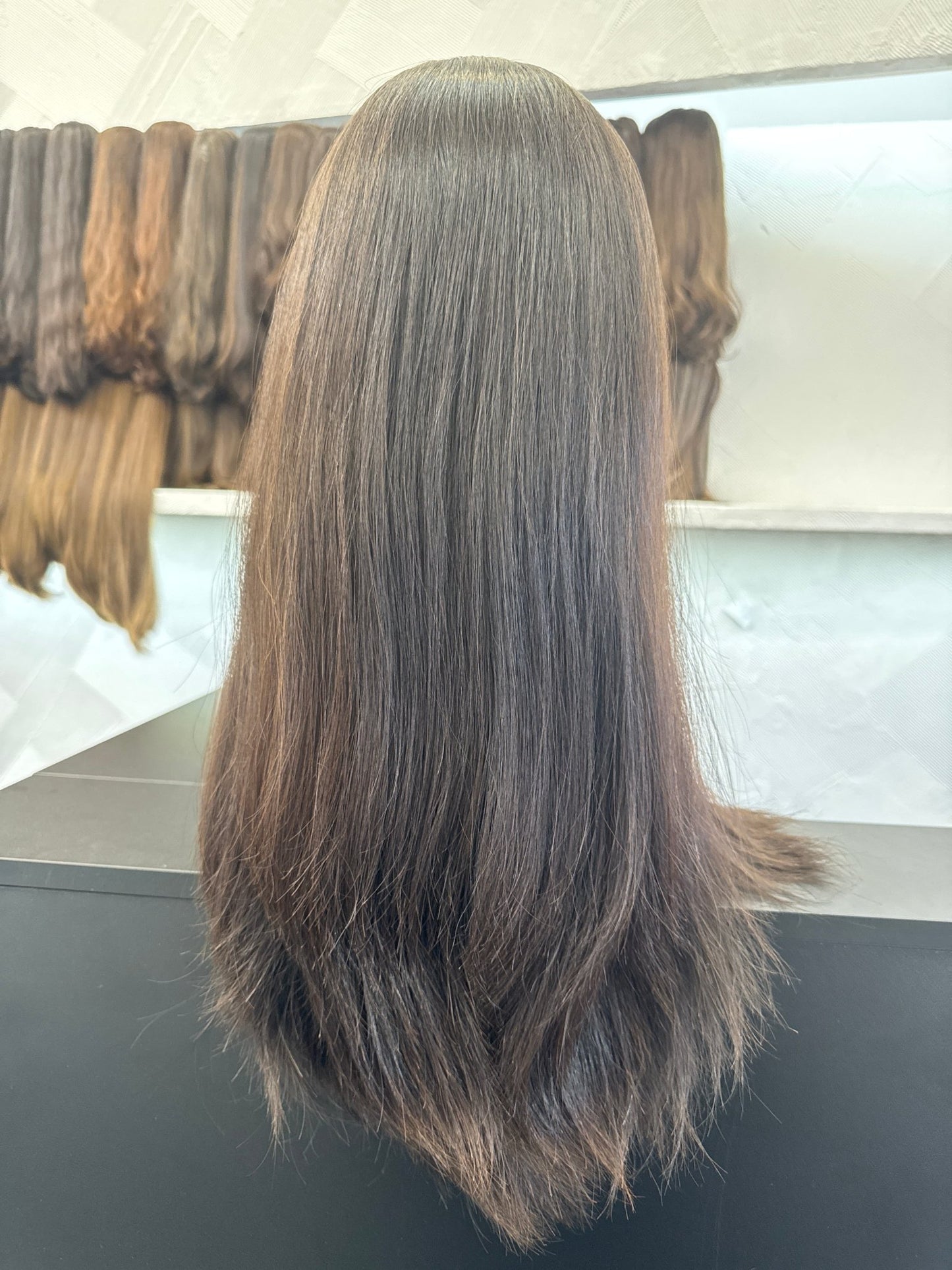 Dark Brown Silk Top Wig, 24 Inch | Straight, Large Cap Human Hair Silk Top Wig | Tallie Wigs Los Angeles