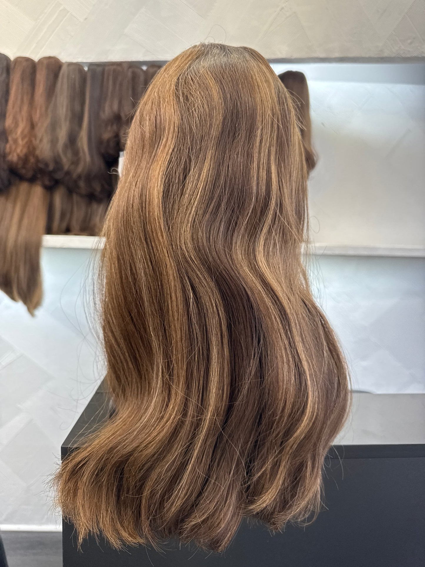 20" Human Hair Lace Top Wig | Medium Brown + Golden Blonde | Medium Cap | Slightly Wavy Human Hair Lace Top Wig | Tallie Wigs Los Angeles