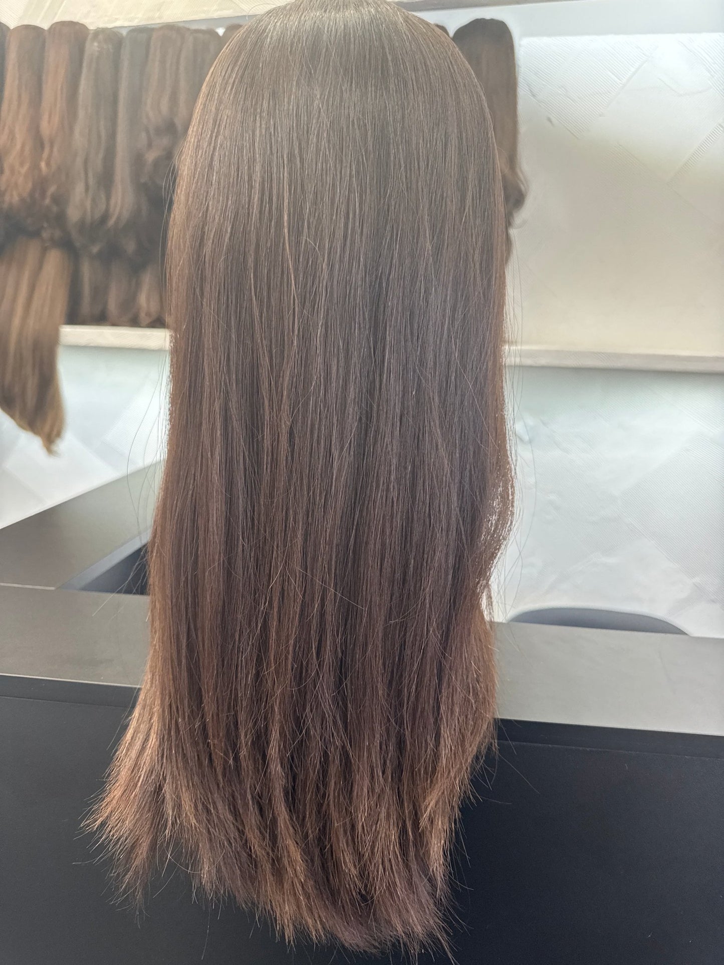 22" Human Hair Silk Top Wig | Medium Brown | Medium Cap | Straight | Virgin Hair Human Hair | Tallie Wigs Los Angeles