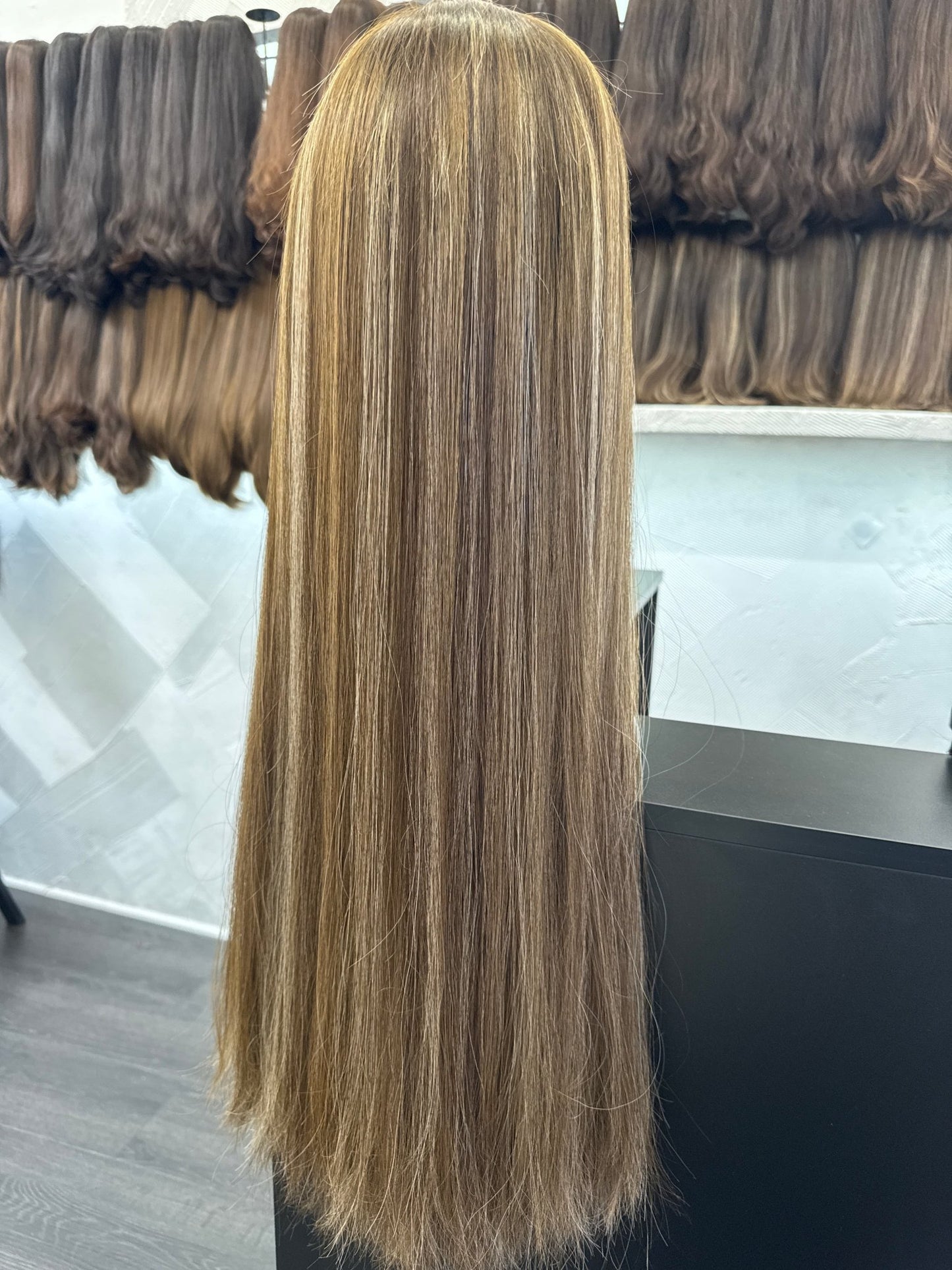 28" Human Hair Lace Top Wig | Chestnut Brown + Light Brown + Light Ash Blonde | Medium Cap | Straight Human Hair Lace Top Wig | Tallie Wigs Los Angeles