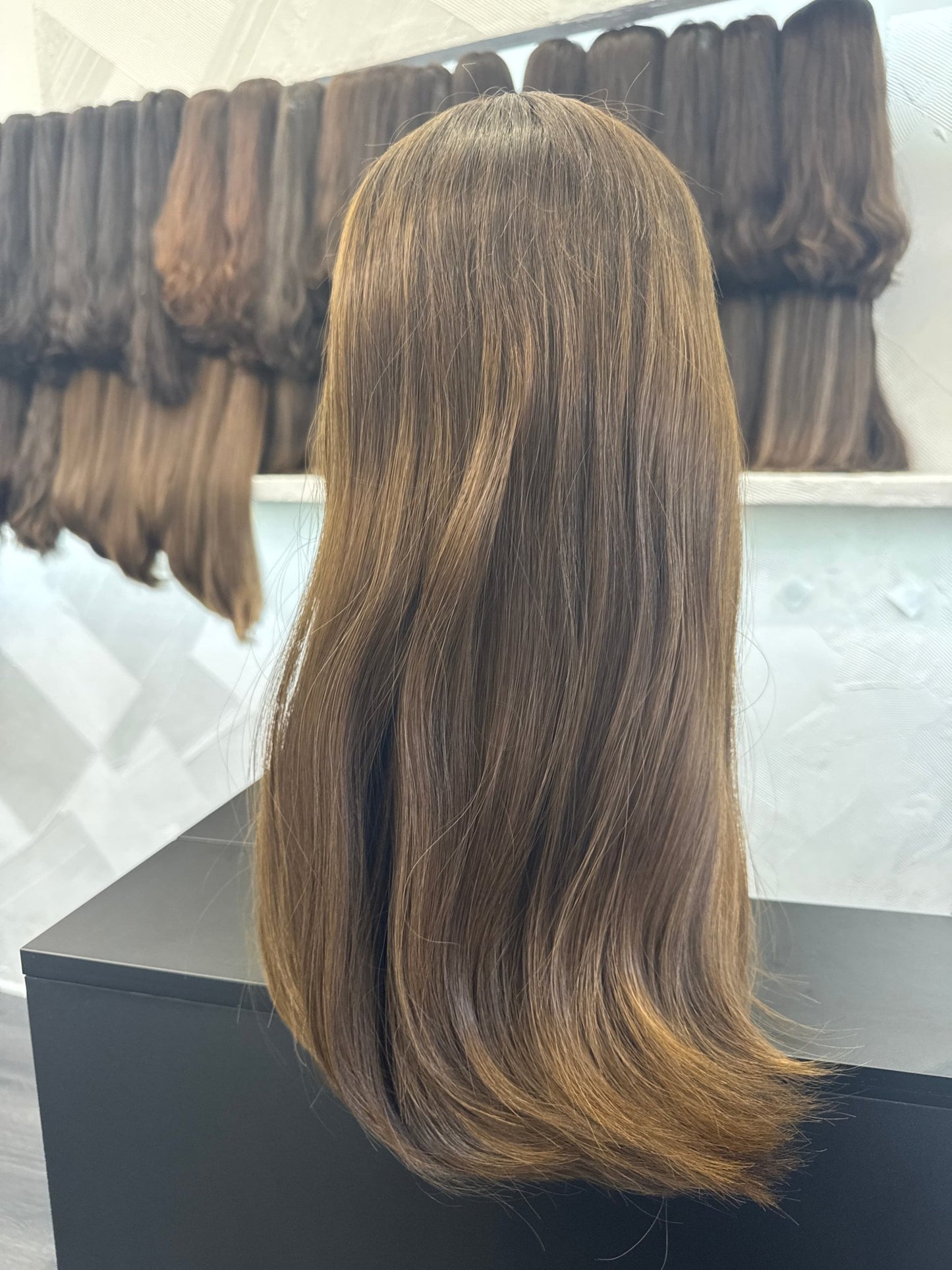 20" Human Hair Lace Top Wig | Chestnut Brown + Ashy Light Brown | Medium Cap | Straight Human Hair Lace Top Wig | Tallie Wigs Los Angeles