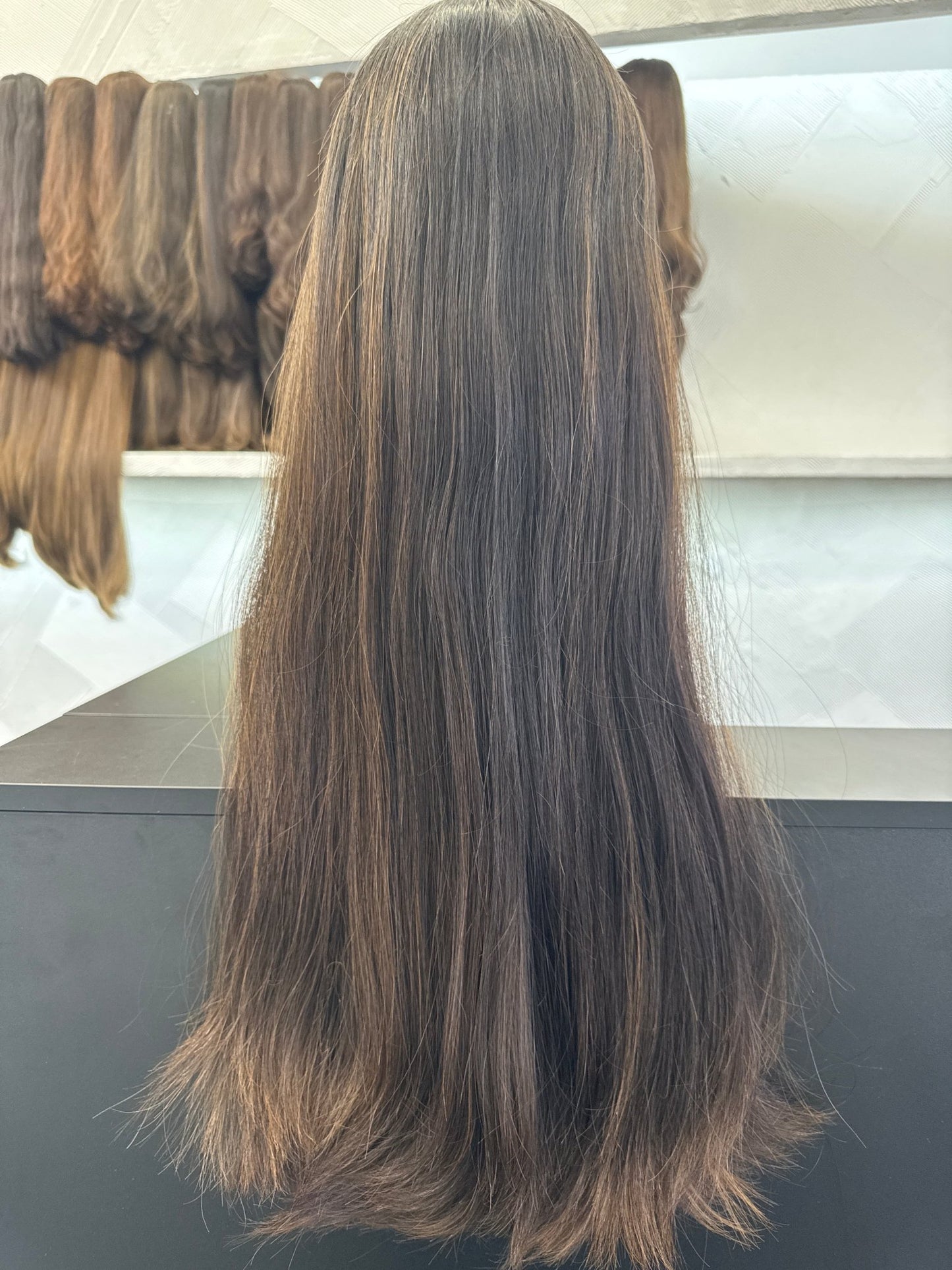 Dark Brown & Medium Blonde Brown Lace Top Wig, 26 Inch | Straight, Large Cap Human Hair Lace Top Wig | Tallie Wigs Los Angeles