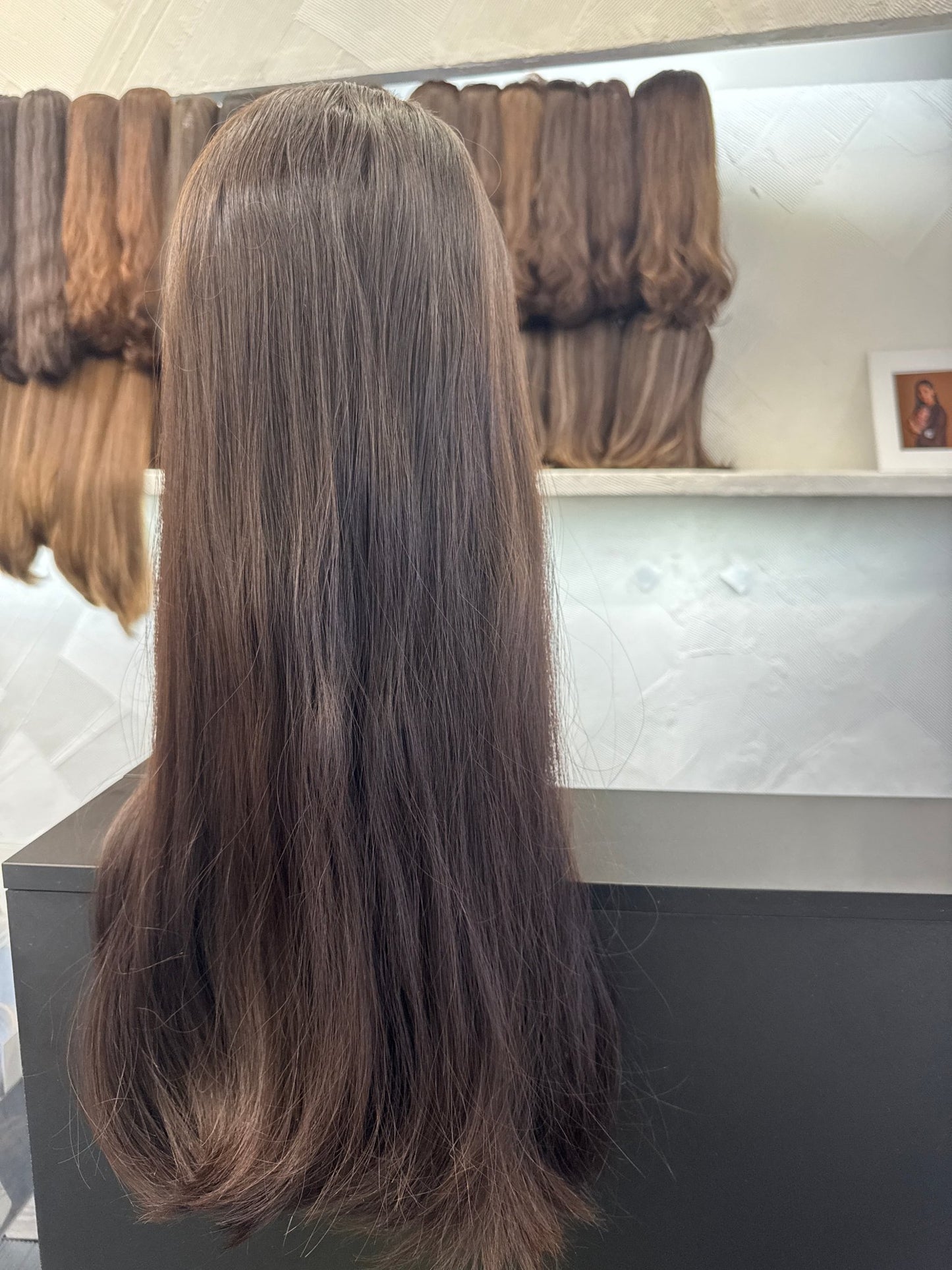 24" Human Hair Hat Fall Wig | Dark Brown | Medium Cap | Straight Human Hair Hat Fall Wig | Tallie Wigs Los Angeles