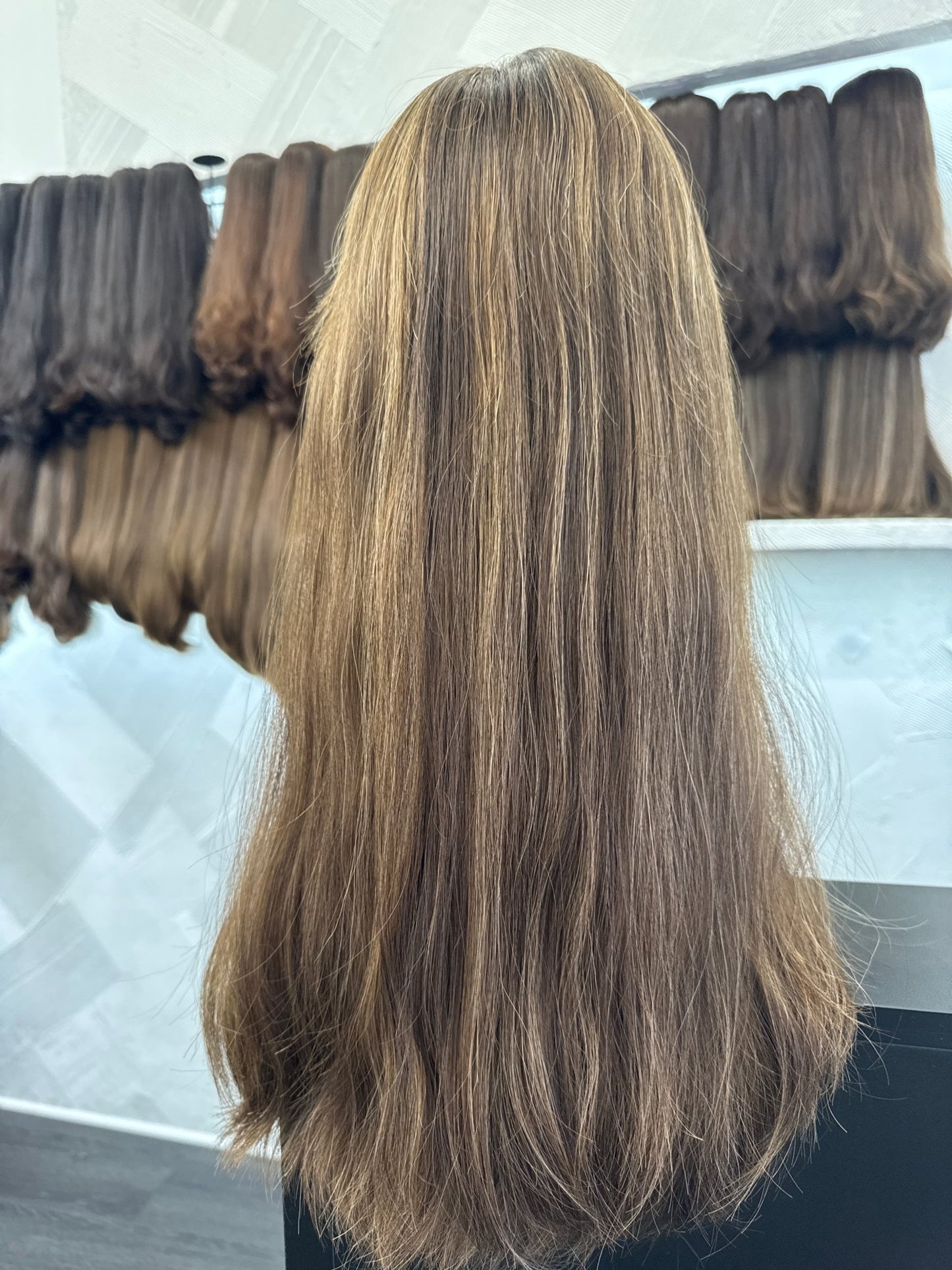 20" Human Hair Lace Top Wig | Medium Brown + Golden Blonde | Medium Cap | Straight Human Hair Lace Top Wig | Tallie Wigs Los Angeles