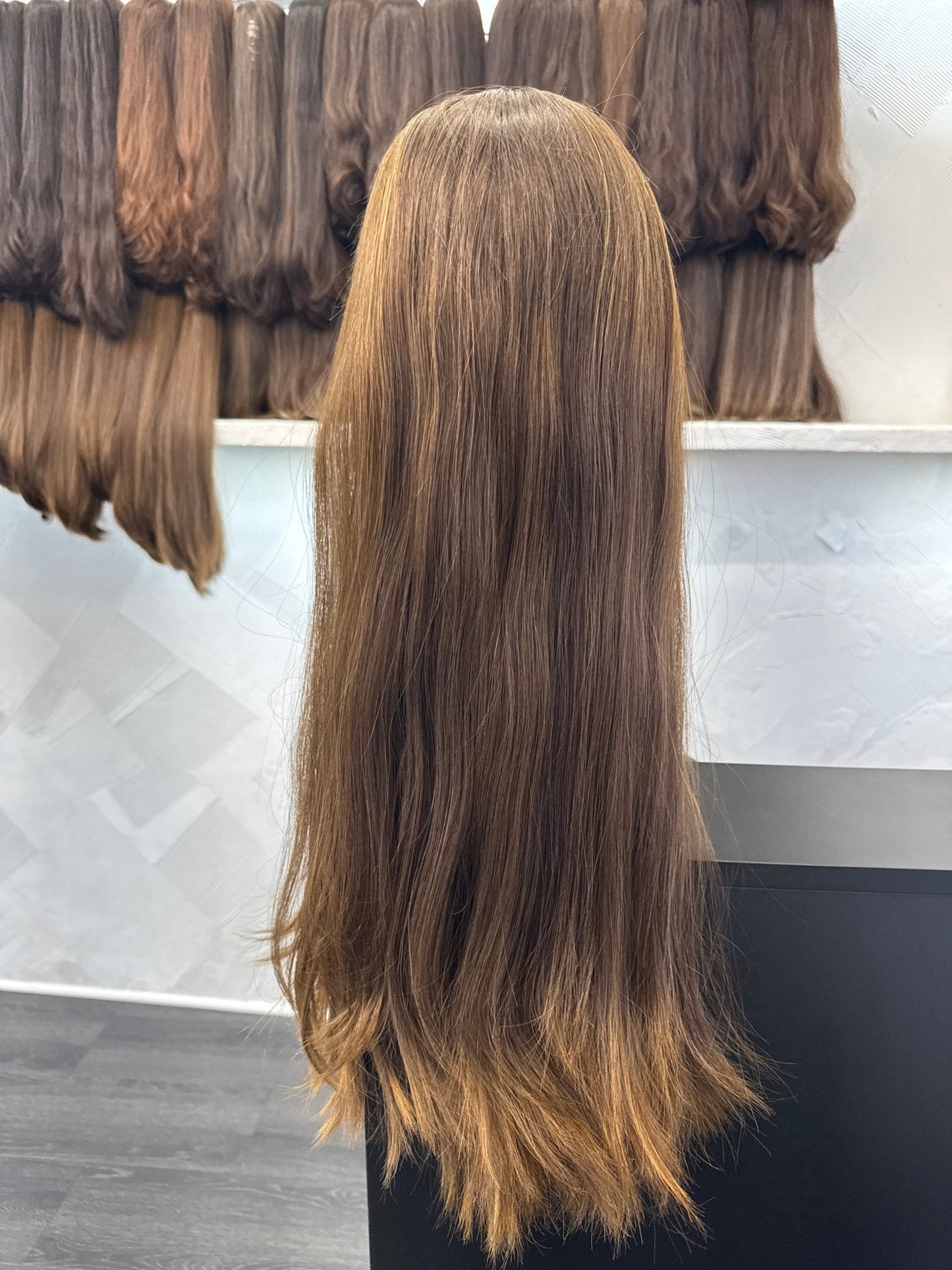 24 Inch Chestnut Brown & Light Brown Lace Top Wig | Straight, Medium Cap Human Hair Lace Top Wig | Tallie Wigs Los Angeles