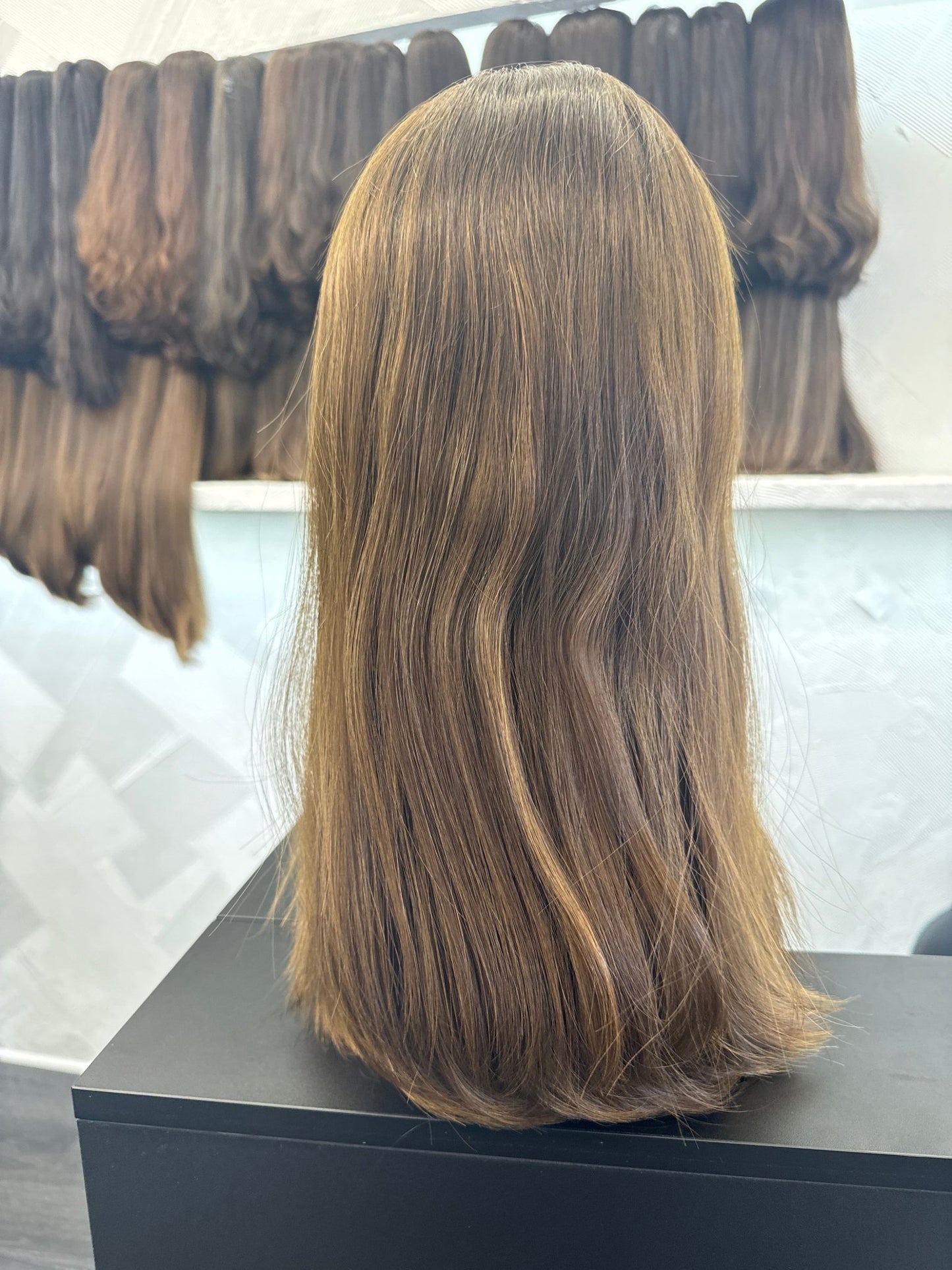 18" Human Hair Lace Top Wig | Chestnut Brown + Light Brown | Medium Cap | Straight Human Hair Lace Top Wig | Tallie Wigs Los Angeles