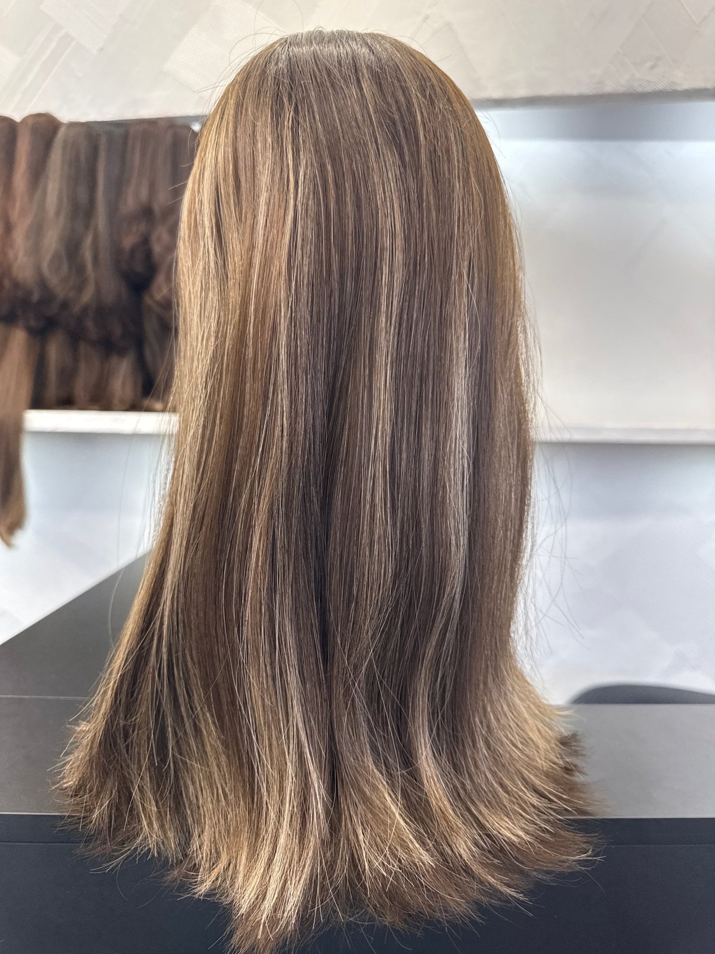 18 Inch Dark Brown, Chestnut Brown & Golden Blonde Lace Top Wig | Straight, Medium Cap Human Hair Lace Top Wig | Tallie Wigs Los Angeles