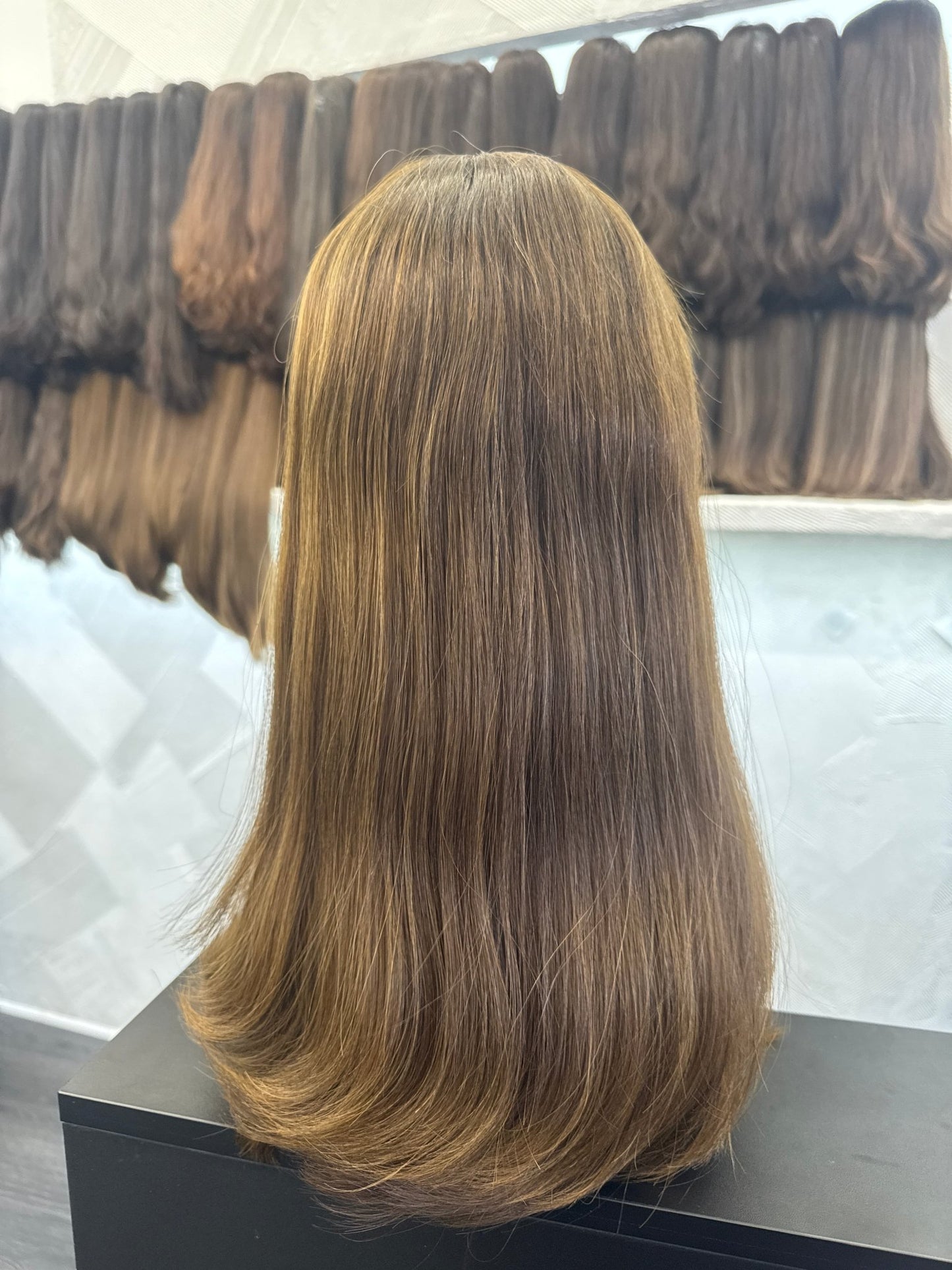 Chestnut Brown & Light Brown Lace Top Wig, 18 Inch | Straight, Medium Cap Human Hair Lace Top Wig | Tallie Wigs Los Angeles
