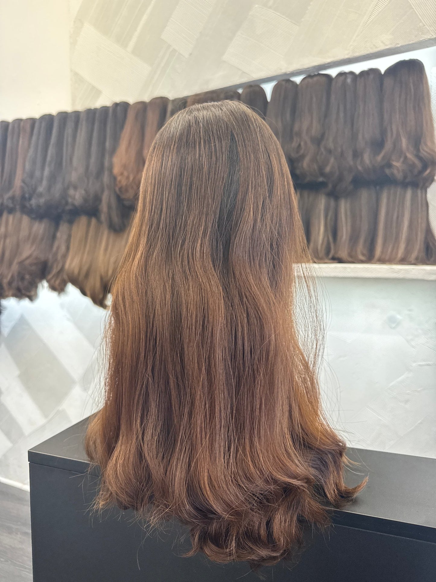 20" Human Hair Lace Top Wig | Chestnut Brown | Medium Cap | Slightly Wavy Human Hair Lace Top Wig | Tallie Wigs Los Angeles