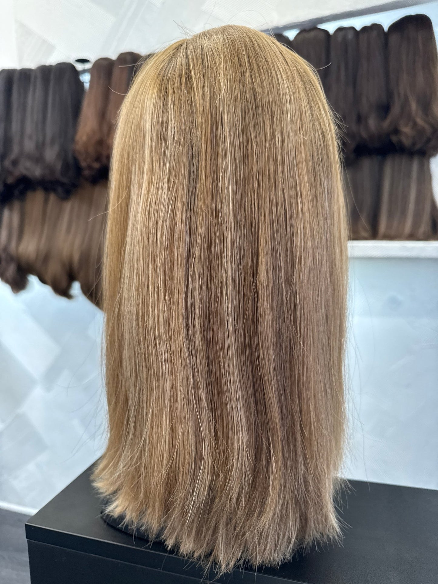 Golden Blonde & Blonde Brown Lace Top Wig, 16 Inch | Straight, Medium Cap Human Hair Lace Top Wig | Tallie Wigs Los Angeles
