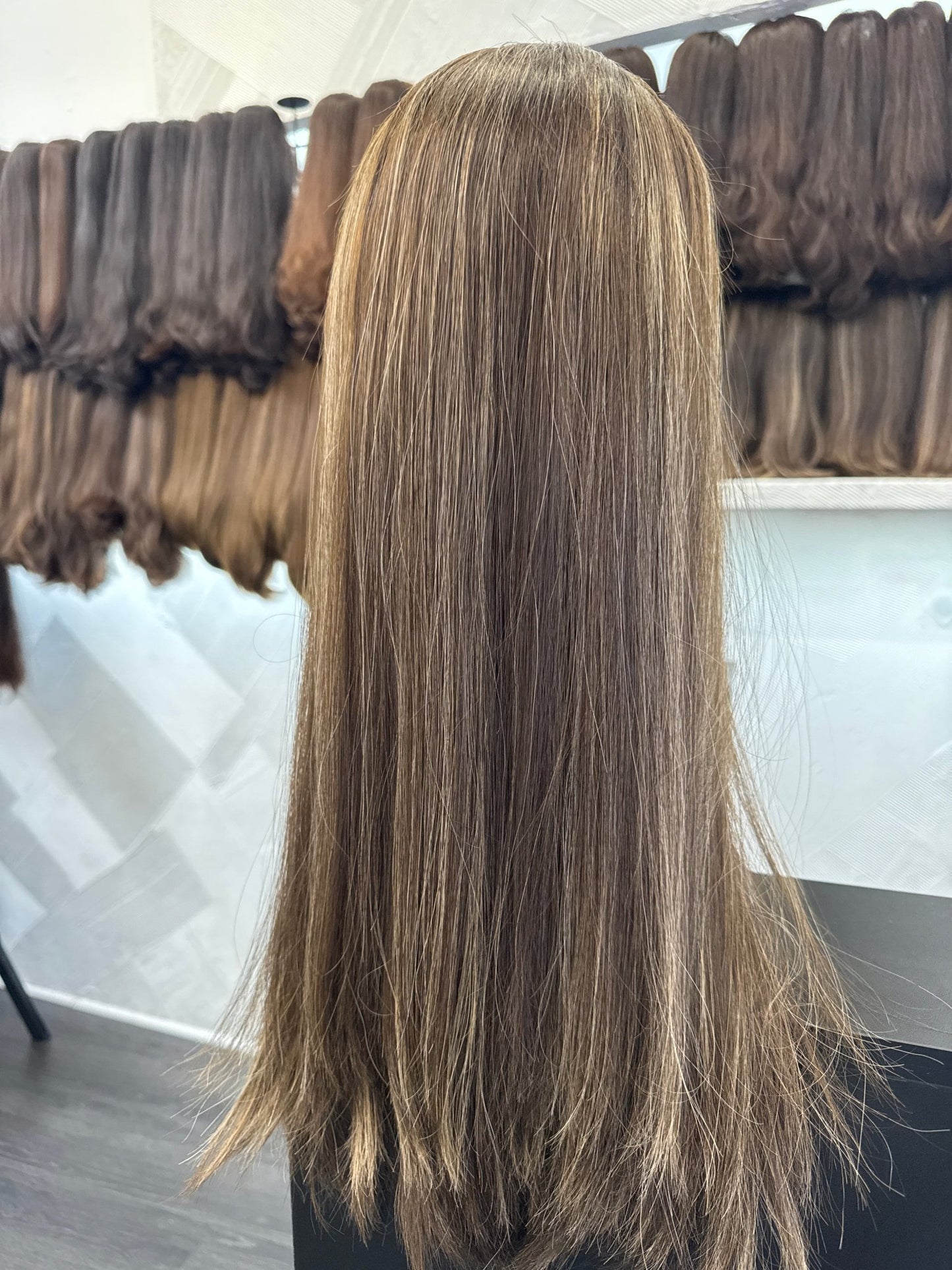 Dark Brown, Chestnut & Golden Blonde Melt Lace Top Wig, 22 Inch | Straight, Medium Cap Human Hair Lace Top Wig | Tallie Wigs Los Angeles