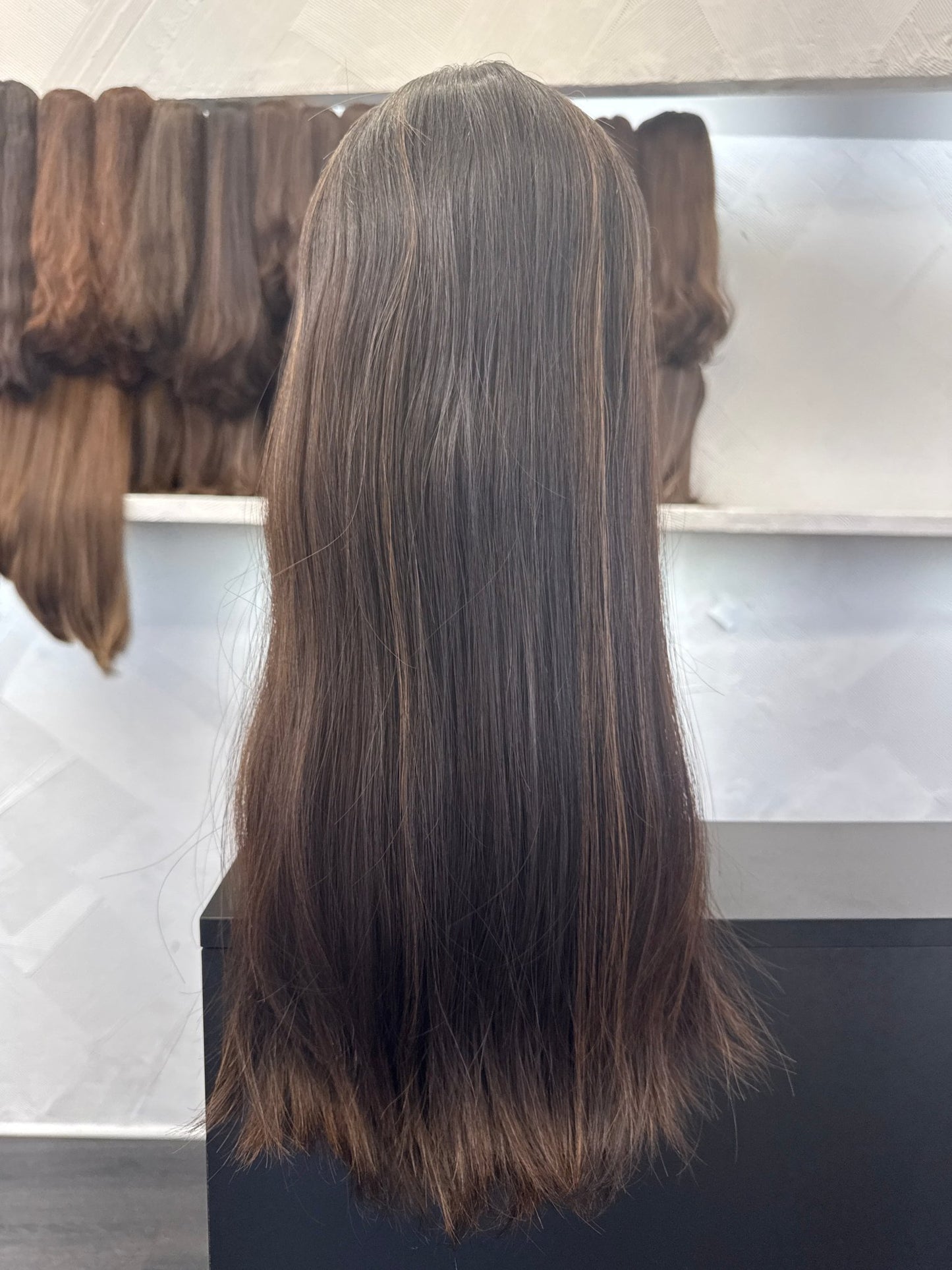 22" Human Hair Lace Top Wig | Dark Brown + Medium Blonde Brown | Medium Cap | Straight Human Hair Lace Top Wig | Tallie Wigs Los Angeles