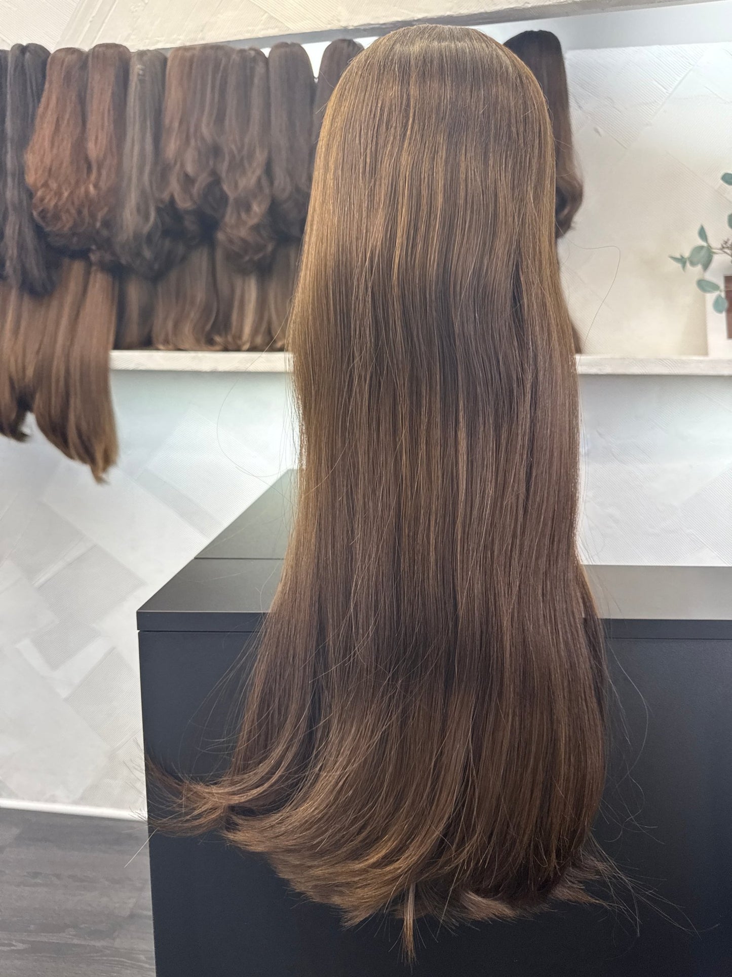 Chestnut Brown & Light Brown Lace Top Wig, 26 Inch | Straight, Medium Cap Human Hair Lace Top Wig | Tallie Wigs Los Angeles