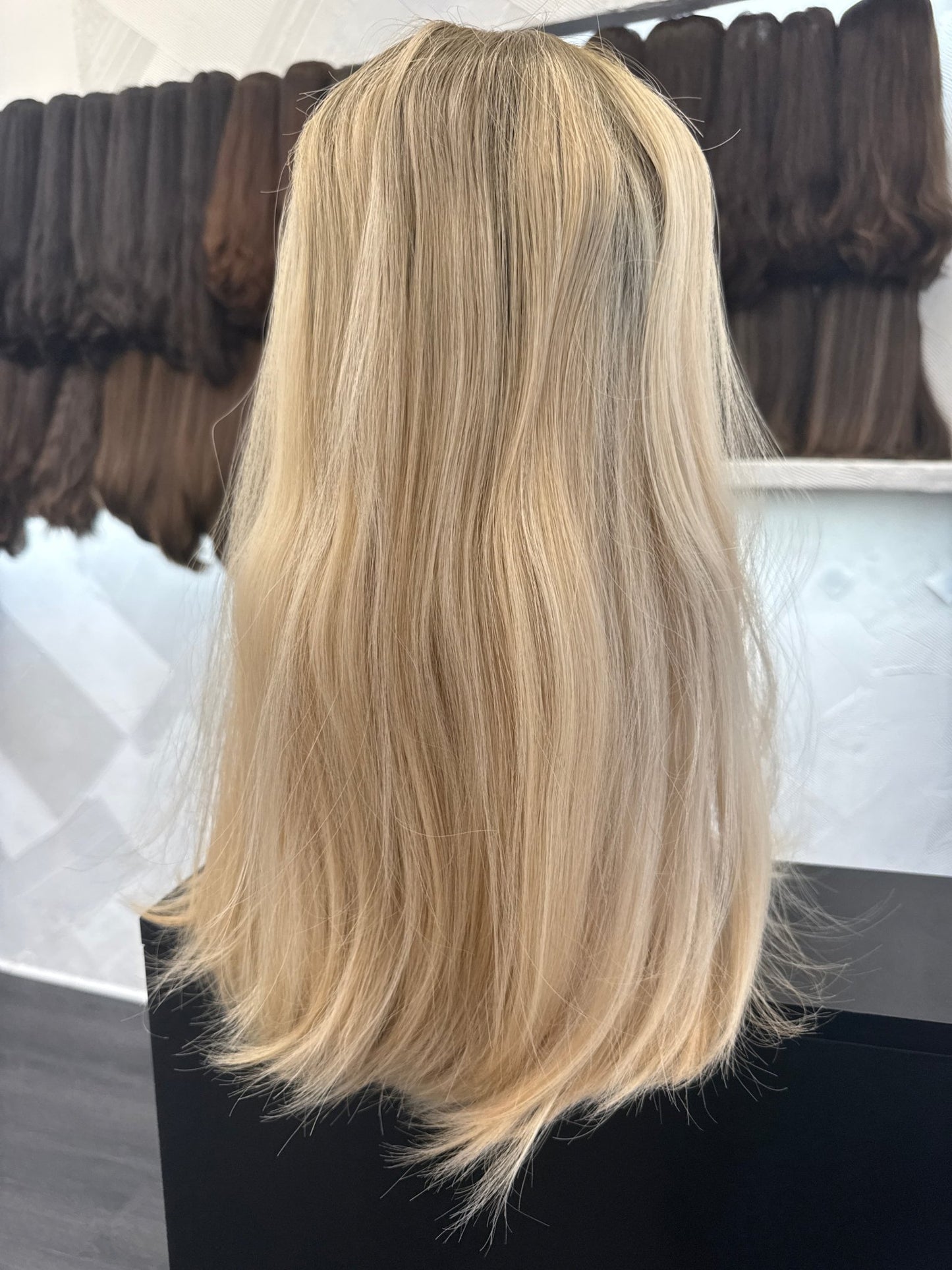 Butter Blonde & Light Golden Brown Lace Top Wig, 20 Inch | Straight, Medium Cap Human Hair Lace Top Wig | Tallie Wigs Los Angeles