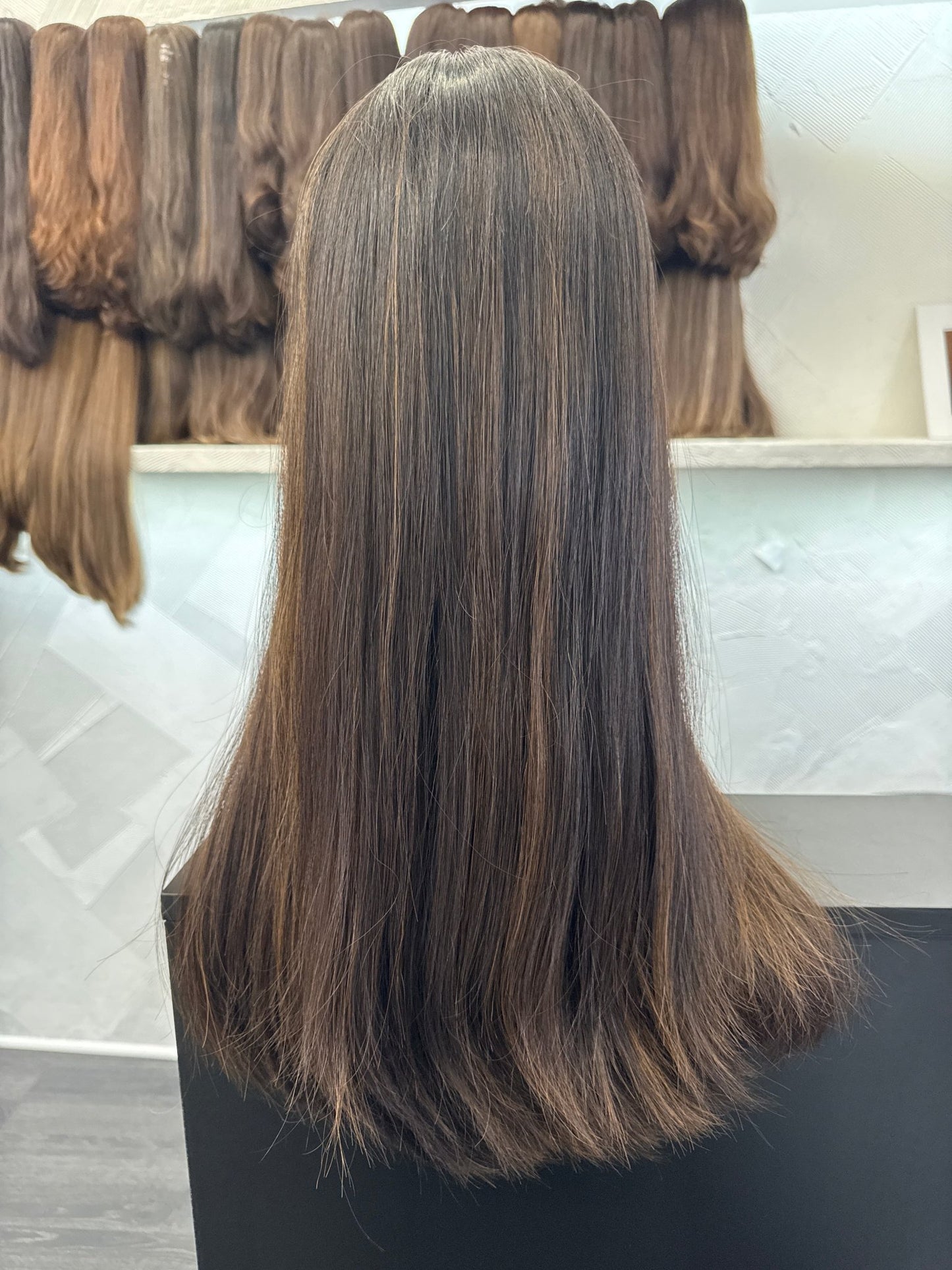 22" Human Hair Lace Top Wig | Dark Brown + Medium Blonde Brown | Large Cap | Straight Human Hair Lace Top Wig | Tallie Wigs Los Angeles