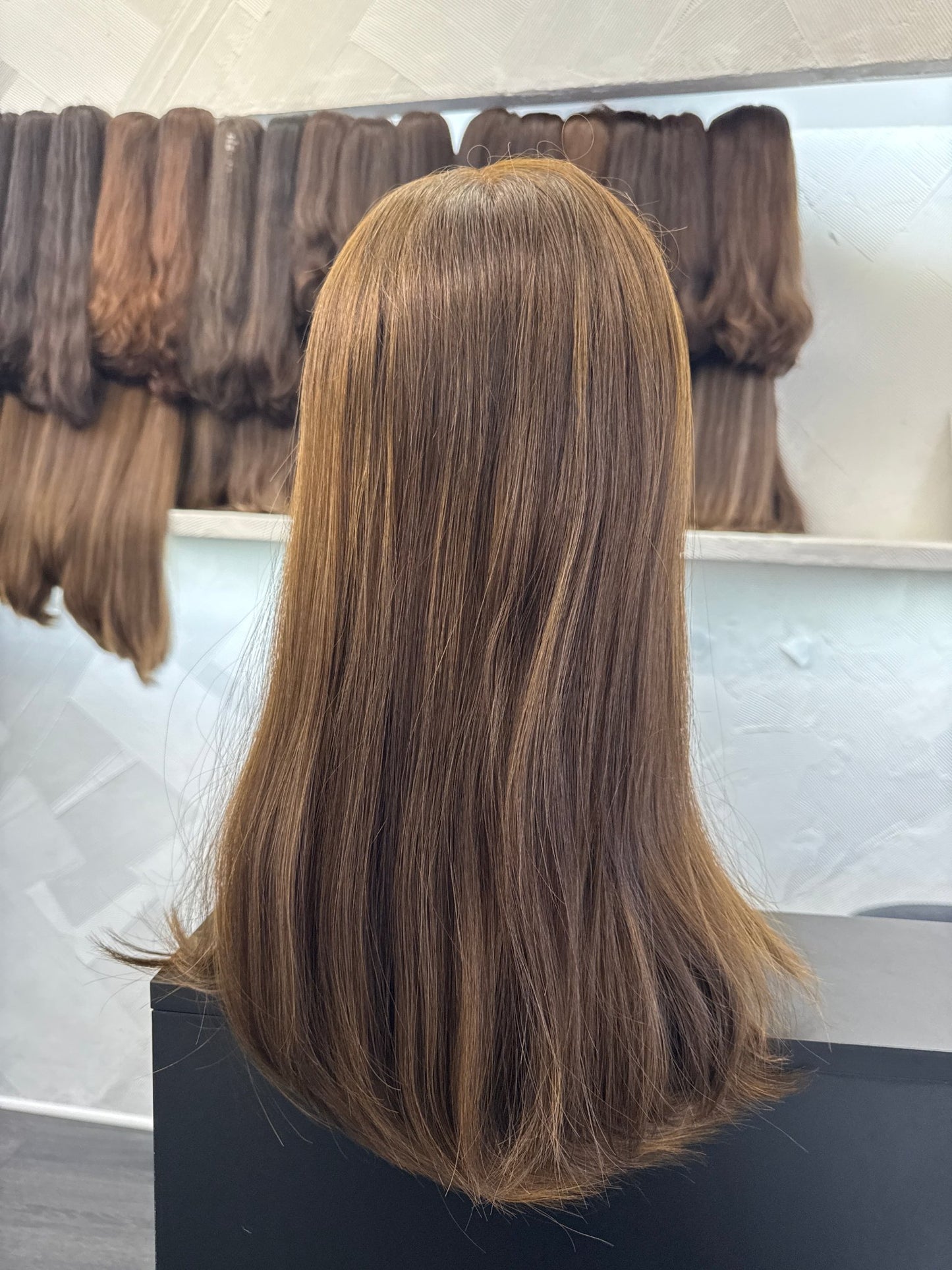 20" Human Hair Lace Top Wig | Chestnut Brown + Light Brown | Medium Cap | Straight Human Hair Lace Top Wig | Tallie Wigs Los Angeles