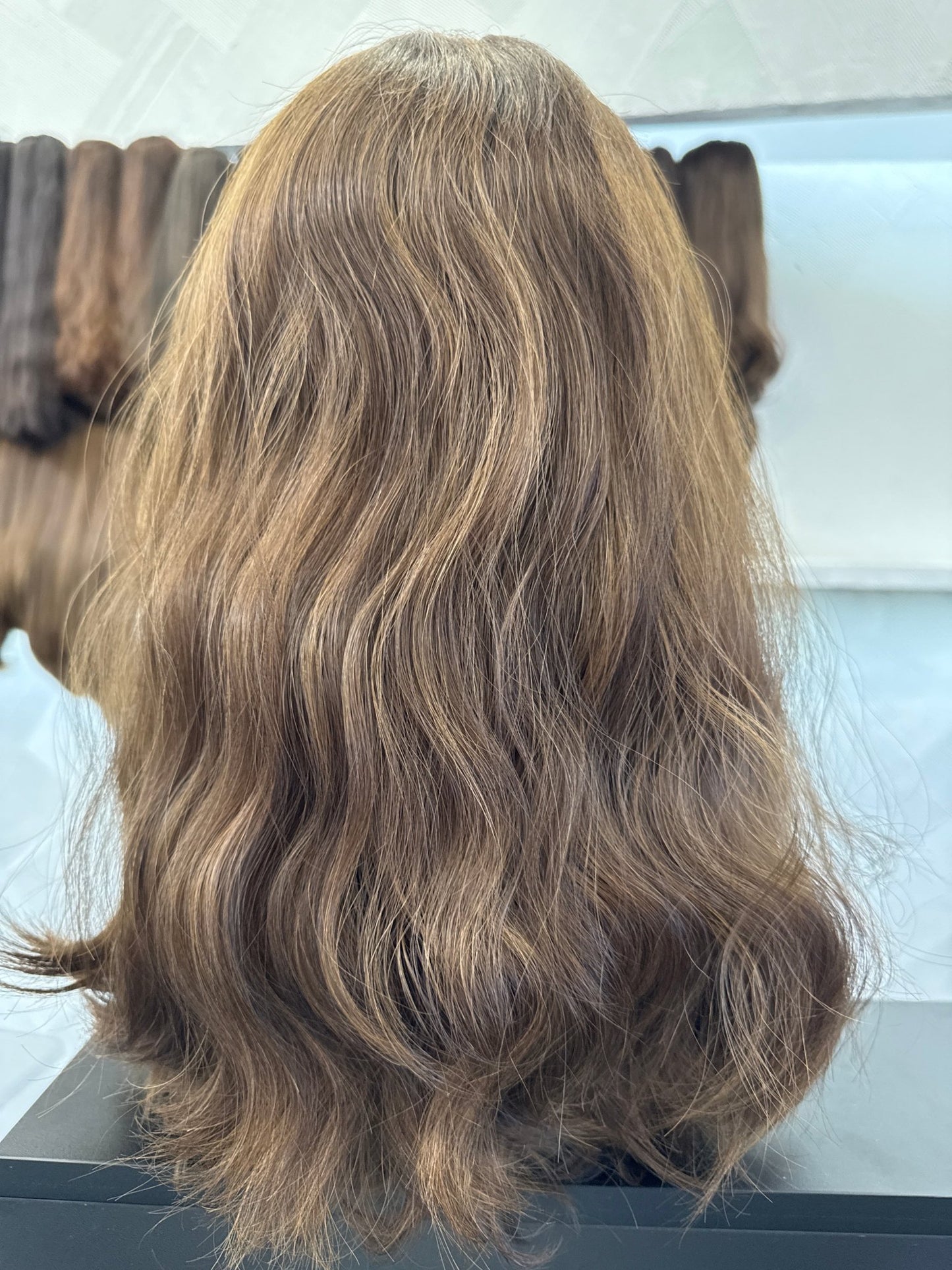 18" Human Hair Lace Top Wig | Medium Brown + Medium Blonde Brown | Medium Cap | Wavy Human Hair Lace Top Wig | Tallie Wigs Los Angeles