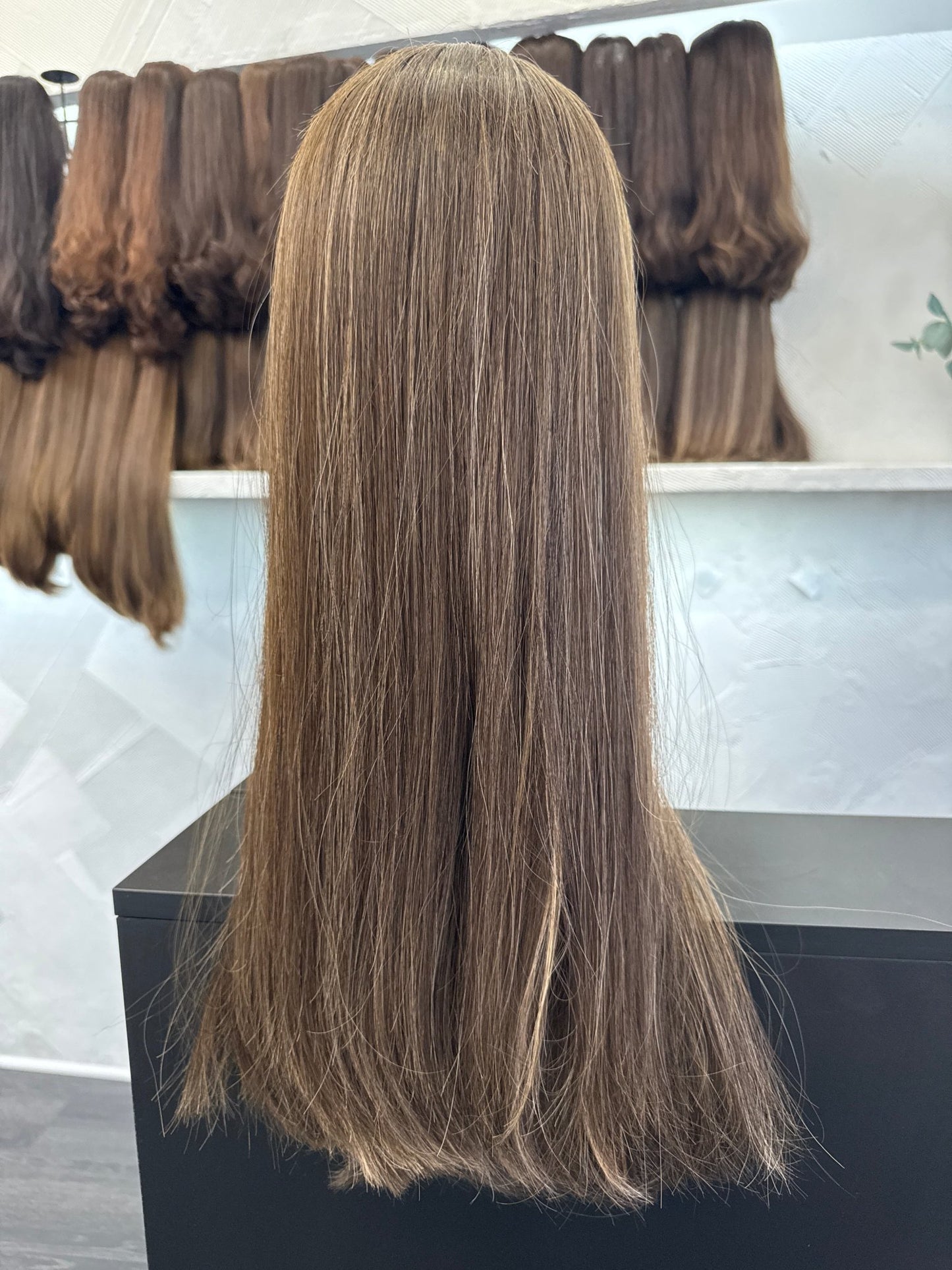 23" Human Hair Lace Top Wig | Medium Brown + Dark Blonde Brown + Light Golden Brown | Medium Cap | Straight Human Hair Lace Top Wig | Tallie Wigs Los Angeles