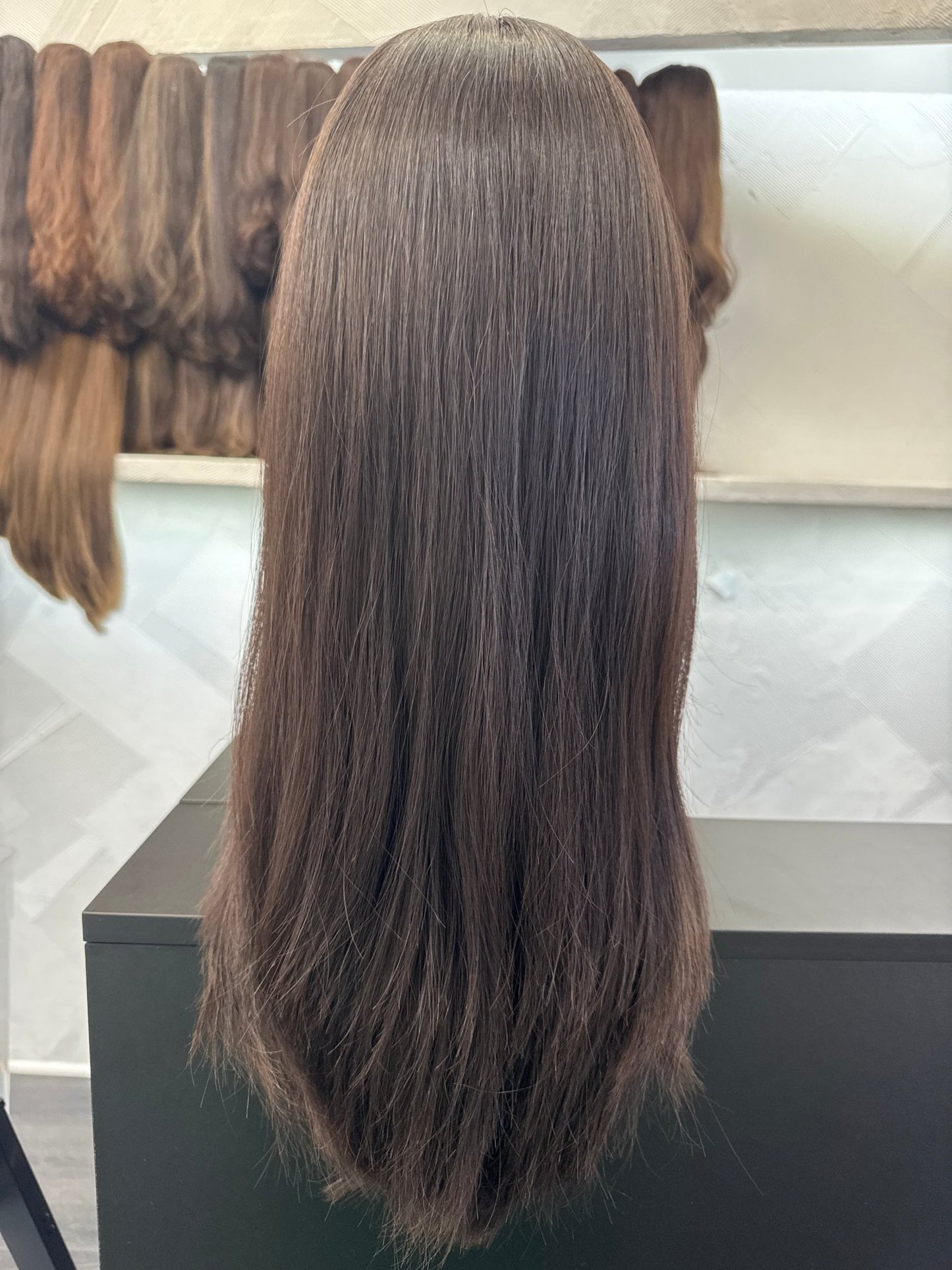 23 Inch Dark Brown Silk Top Wig | Straight, Medium Cap Human Hair Silk Top Wig | Tallie Wigs Los Angeles
