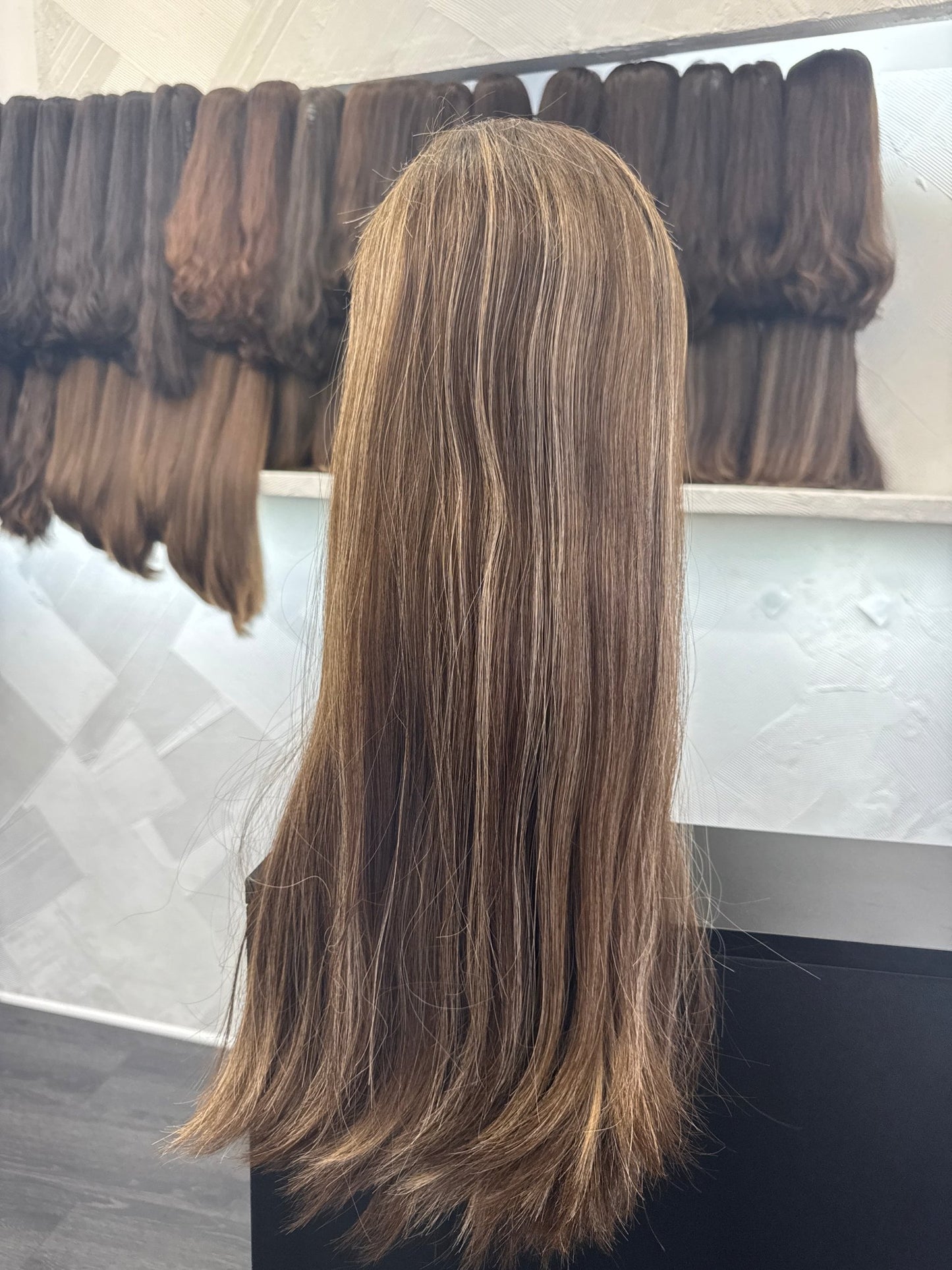 23" Human Hair Lace Top Wig | Chestnut Brown + Light Golden Brown | Medium Cap | Straight Human Hair Lace Top Wig | Tallie Wigs Los Angeles