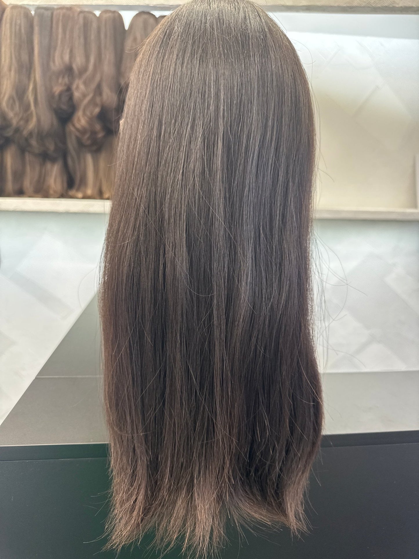 20" Human Hair Lace Top Wig | Dark Brown | Medium Cap | Straight Human Hair Lace Top Wig | Tallie Wigs Los Angeles