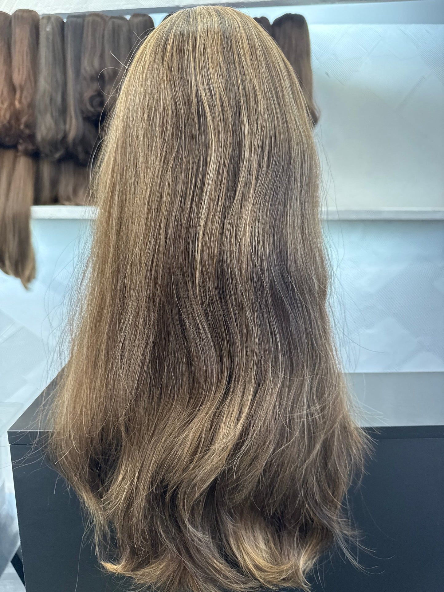 24" Human Hair Band Fall Wig | Medium Brown + Golden Blonde | Large Cap | Slightly Wavy Human Hair Band Fall Wig | Tallie Wigs Los Angeles