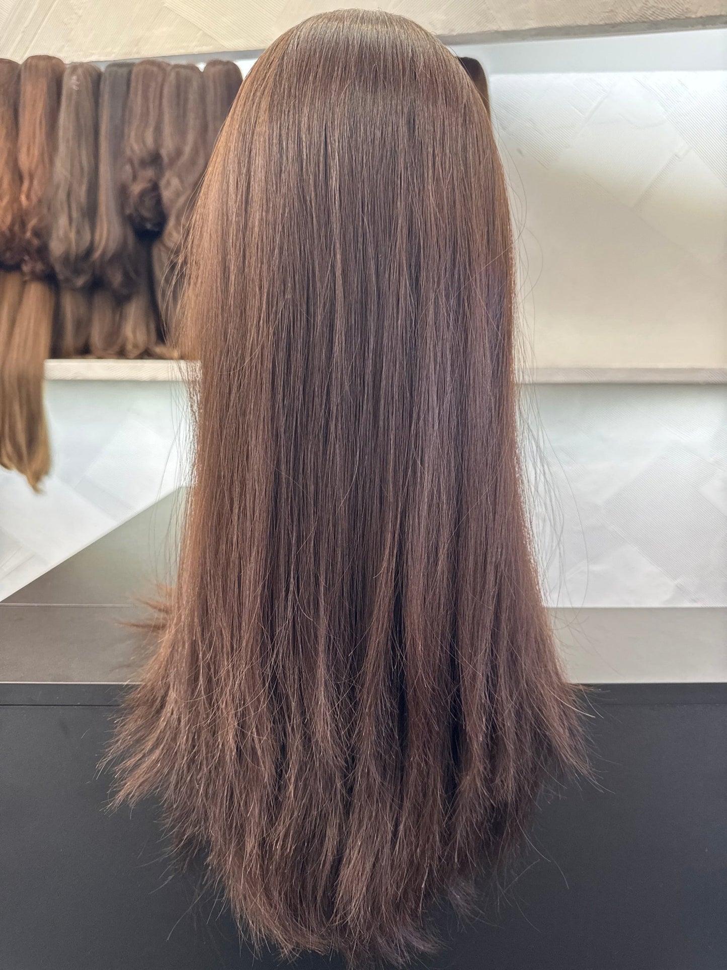 24" Human Hair Silk Top Wig | Medium Brown + Chestnut Brown | Medium Cap | Straight Human Hair Silk Top Wig | Tallie Wigs Los Angeles