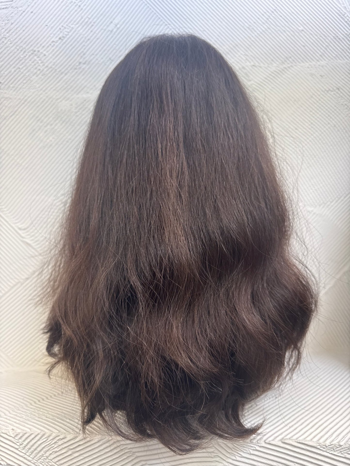 Dark Brown & Chestnut Lace Top Wig, 17 Inch | Wavy Human Hair | Medium Cap Human Hair Lace Top Wig | Tallie Wigs Los Angeles