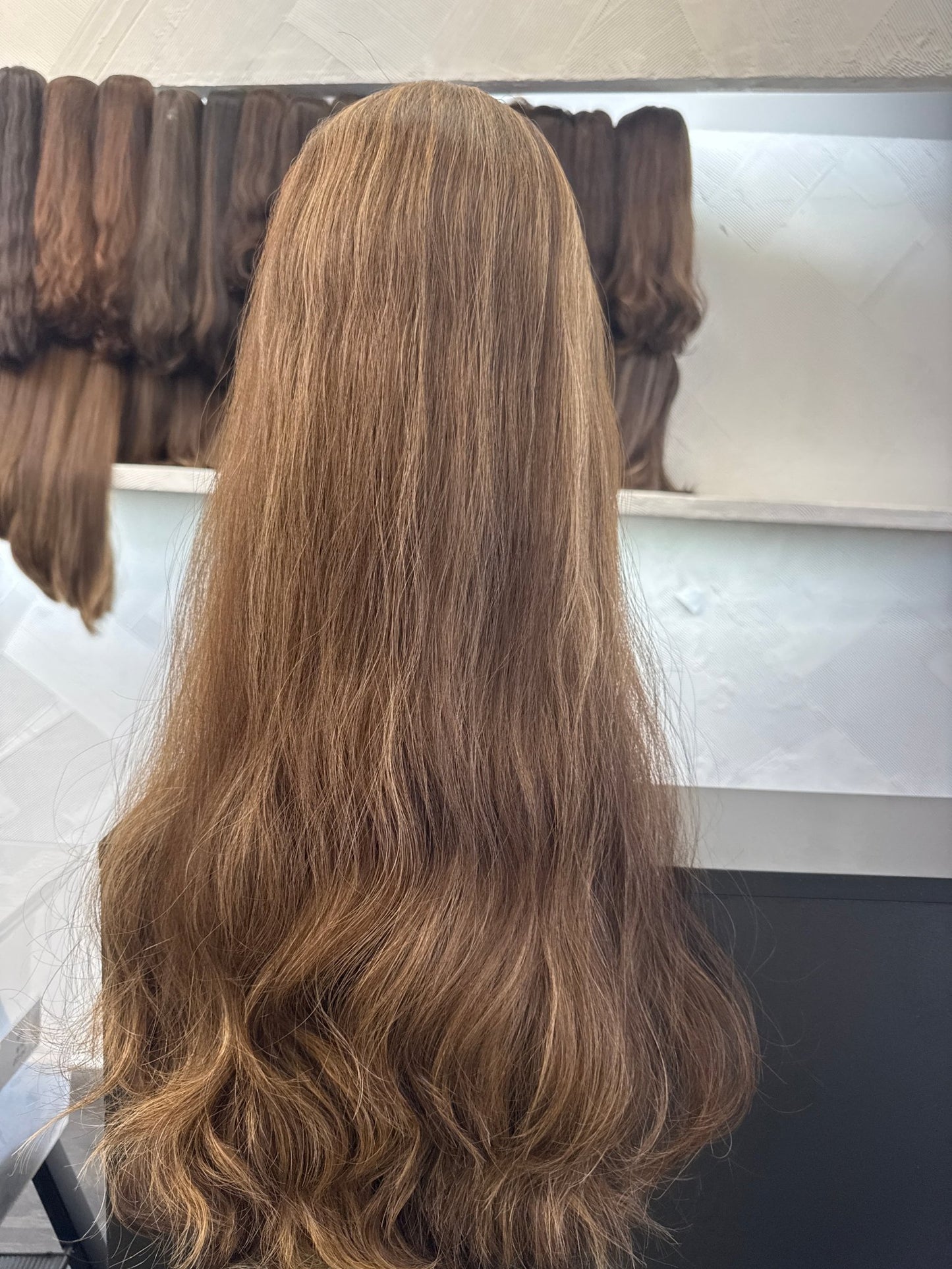 Medium Brown & Golden Blonde Human Hair Band Fall, 27 Inch | Wavy, Large Cap Human Hair Band Fall Wig | Tallie Wigs Los Angeles