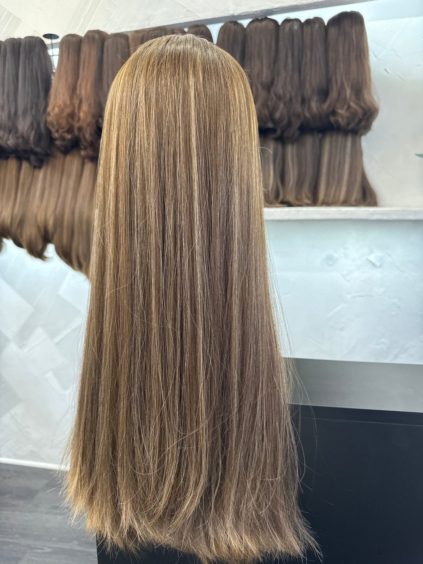 Chestnut & Ash Blonde Melt Lace Top Wig, 24 Inch | Straight, Large Cap Human Hair Lace Top Wig | Tallie Wigs Los Angeles