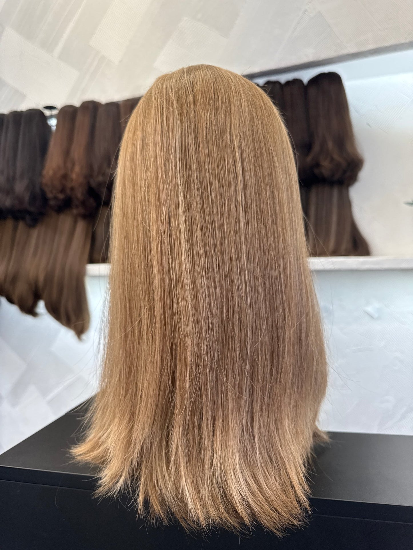 17" Human Hair Lace Top Wig | Medium Blonde Brown + Light Golden Brown + Light Ash Blonde | Medium Cap | Straight Human Hair Lace Top Wig | Tallie Wigs Los Angeles
