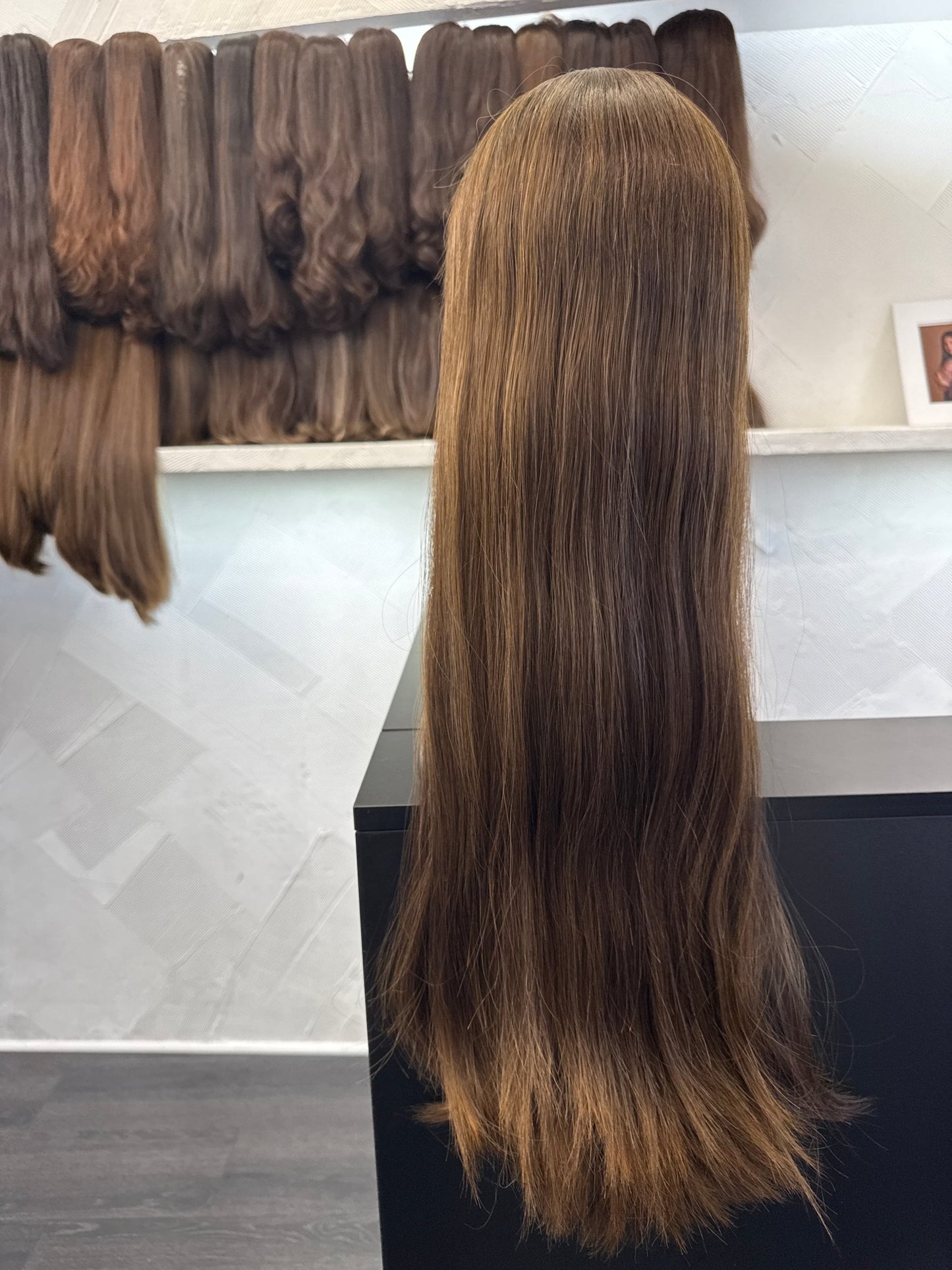 Chestnut Brown & Light Brown Lace Top Wig, 26 Inch | Straight Human Hair, Medium Cap Human Hair Lace Top Wig | Tallie Wigs Los Angeles