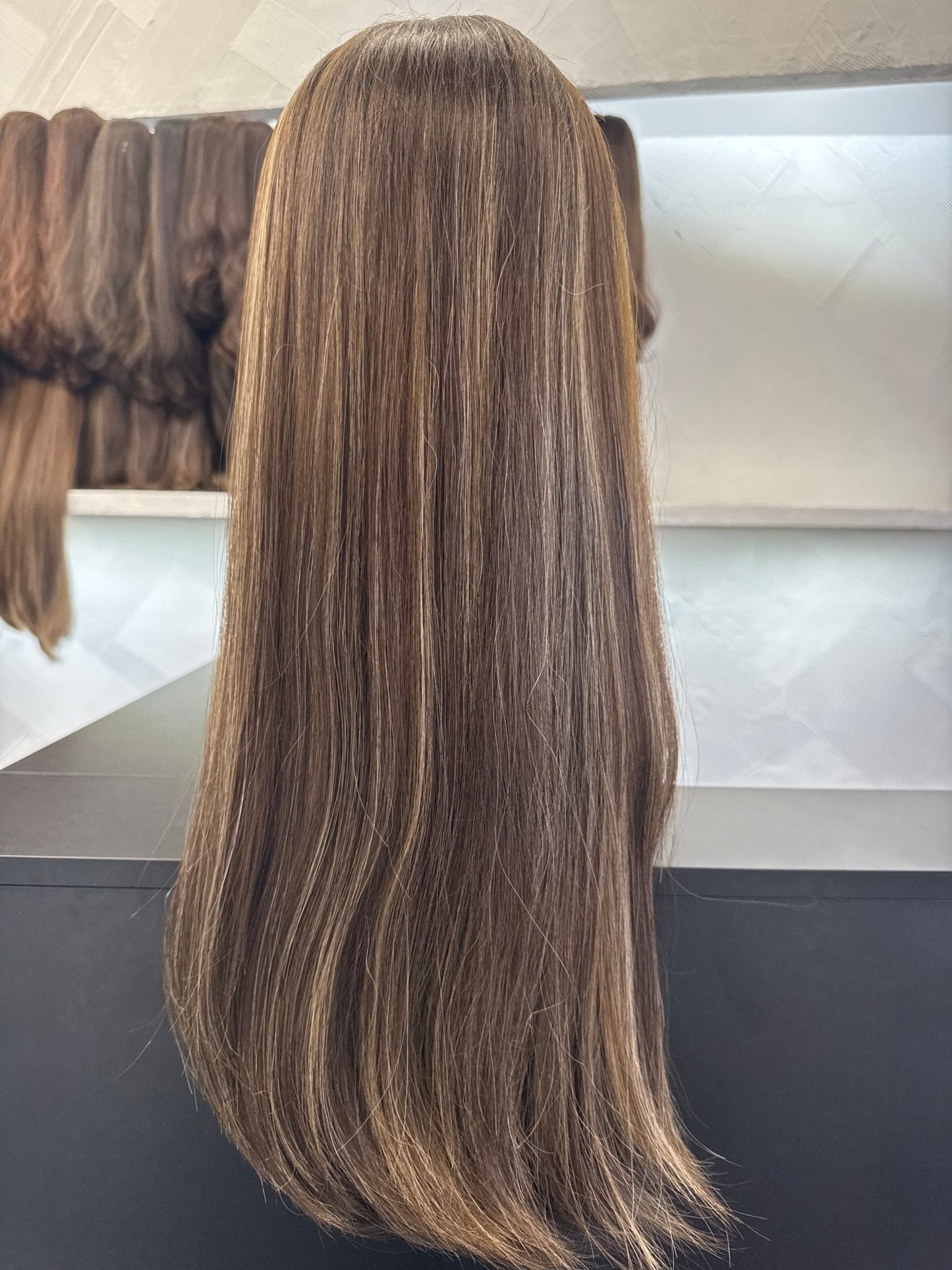 Dark Brown, Chestnut Brown & Golden Blonde Lace Top Wig, 24 Inch | Straight, Medium Cap Human Hair Lace Top Wig | Tallie Wigs Los Angeles