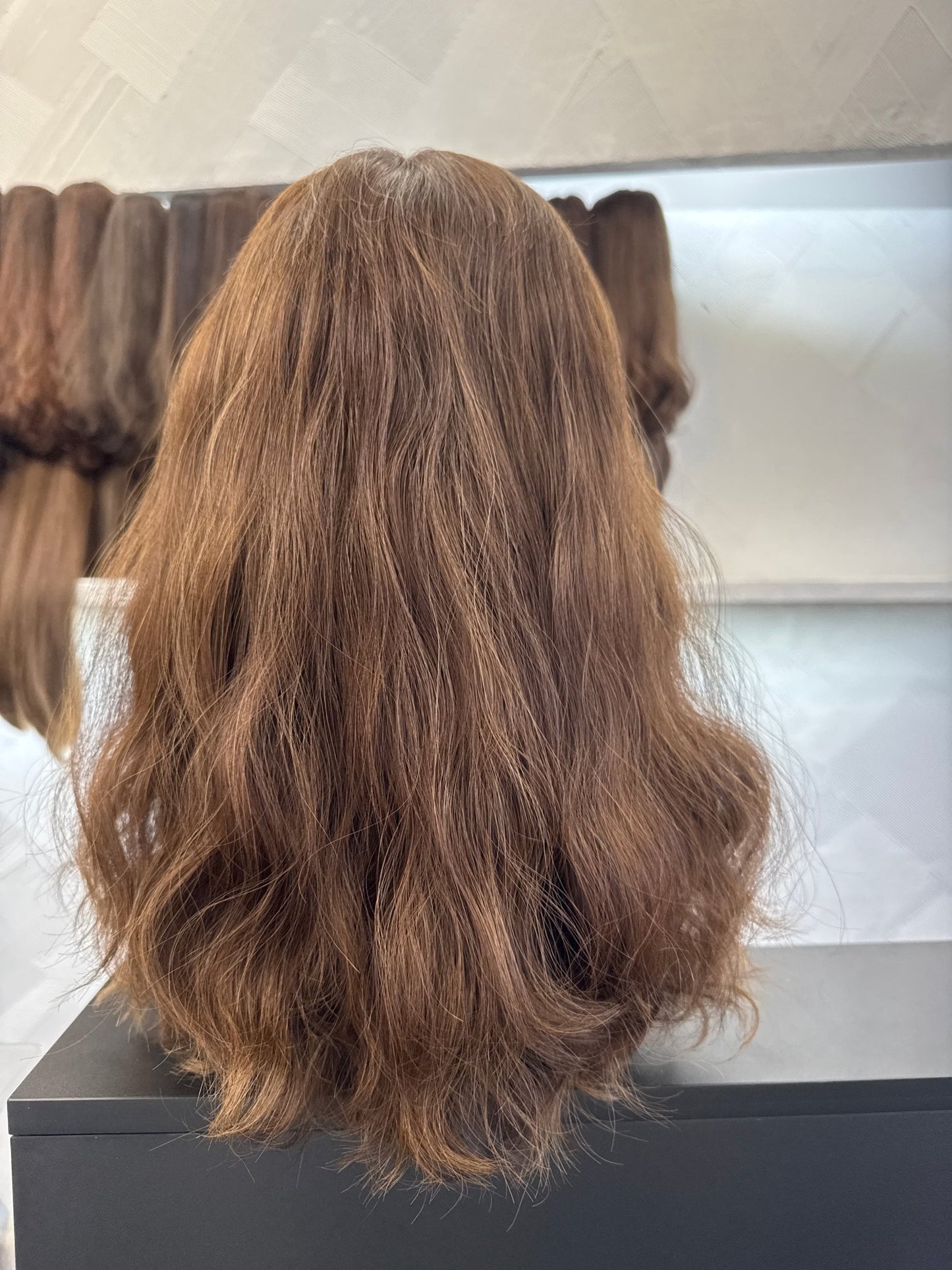 18" Human Hair Lace Top Wig | Medium Brown + Medium Blonde Brown | Medium Cap | Slightly Wavy Human Hair Lace Top Wig | Tallie Wigs Los Angeles
