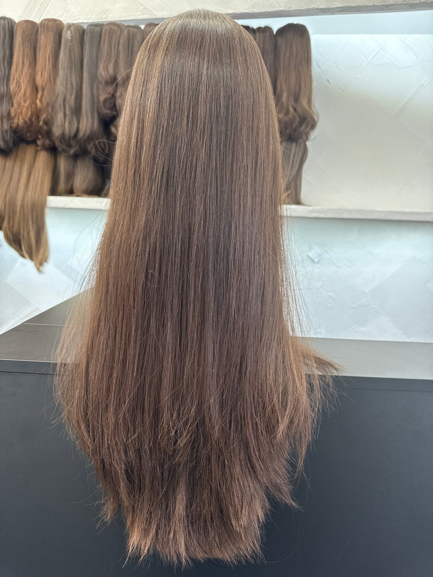 28" Human Hair Silk Top Wig | Chestnut Brown | Medium Cap | Straight Human Hair Silk Top Wig | Tallie Wigs Los Angeles