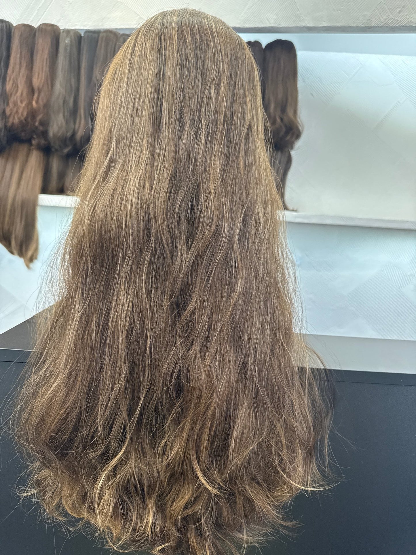 27" Human Hair Band Fall Wig | Medium Brown + Golden Blonde | Medium Cap | Wavy Human Hair Band Fall Wig | Tallie Wigs Los Angeles