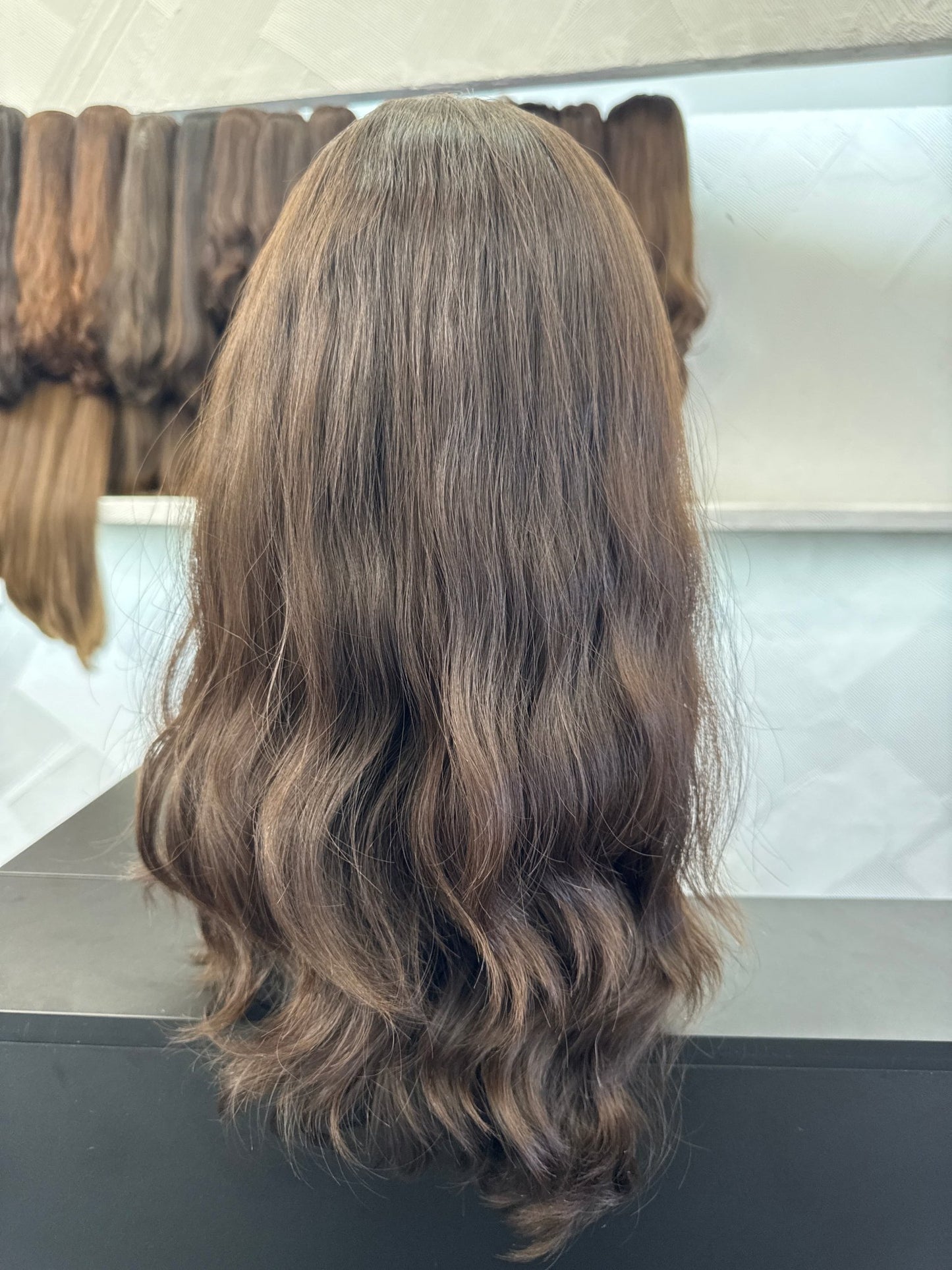 22" Human Hair Silk Top Wig | Medium Brown | Medium Cap | Wavy Human Hair Silk Top Wig | Tallie Wigs Los Angeles