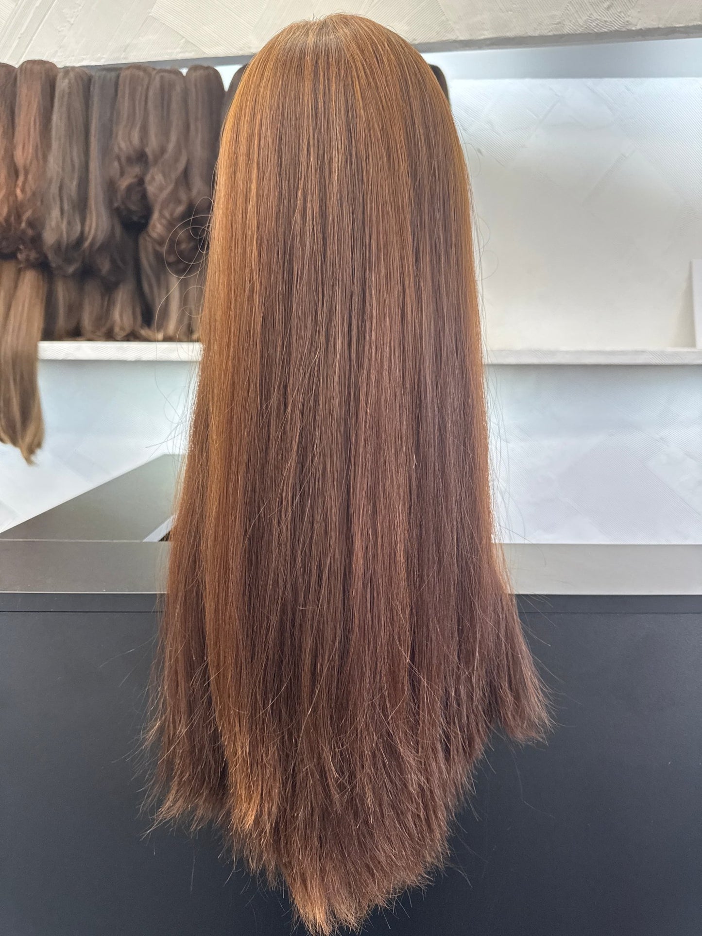 28" Human Hair Silk Top Wig | Auburn + Chestnut Brown + Medium Blonde Brown | Medium Cap | Straight Human Hair Silk Top Wig | Tallie Wigs Los Angeles