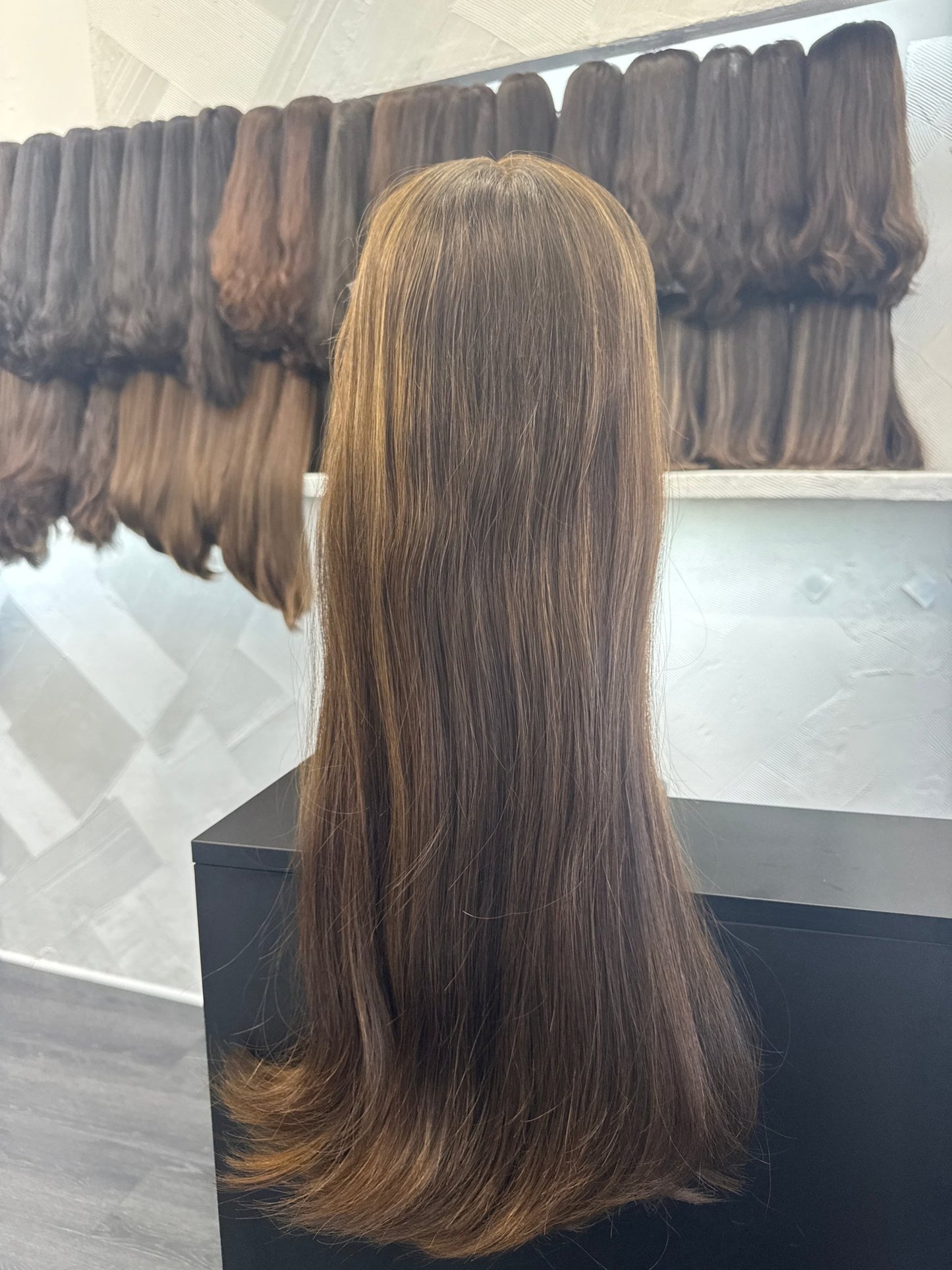 26" Human Hair Lace Top Wig | Chestnut Brown + Light Brown | Medium Cap | Straight Human Hair Lace Top Wig | Tallie Wigs Los Angeles