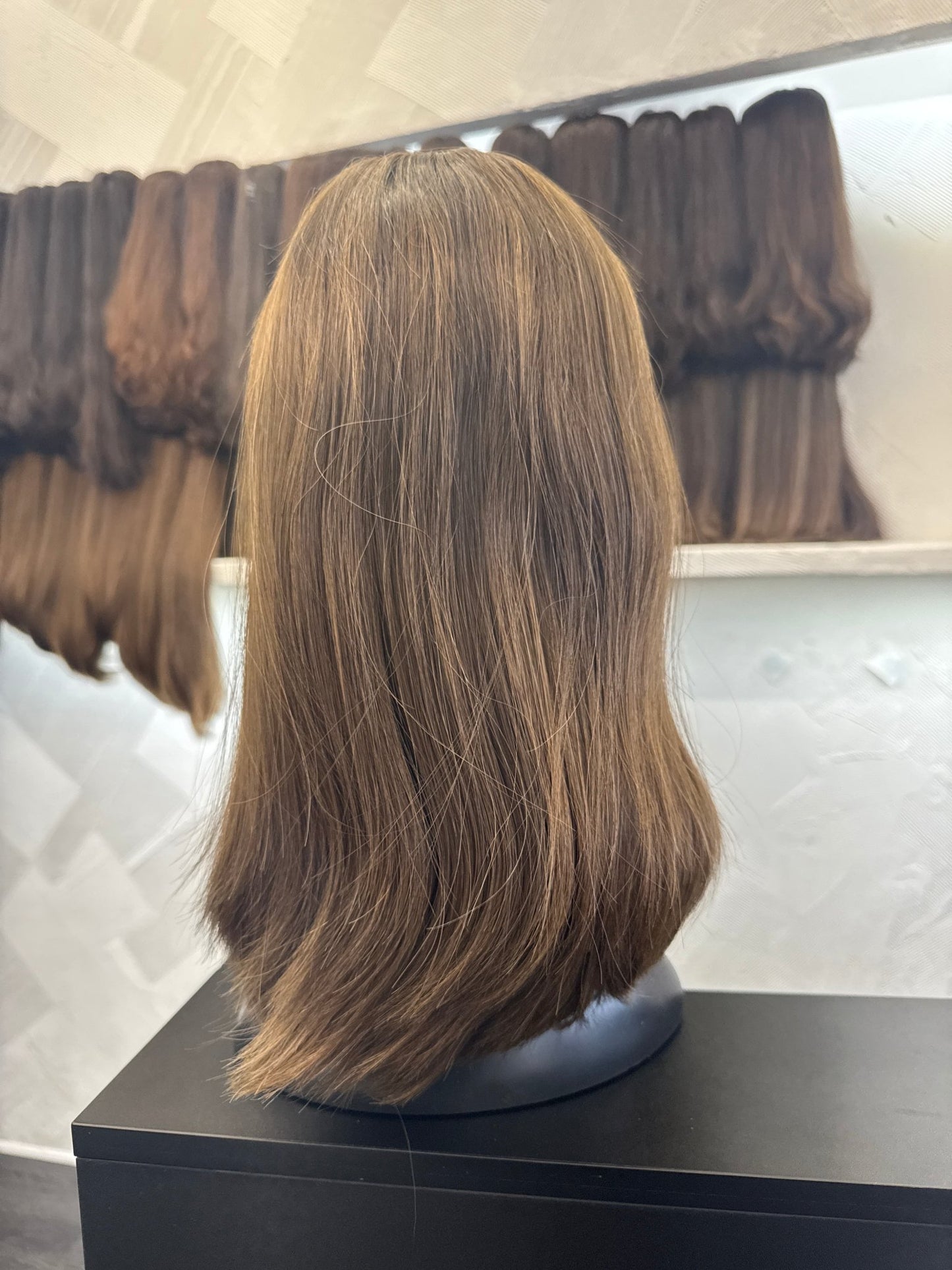16" Human Hair Lace Top Wig | Chestnut Brown + Light Brown | Medium Cap | Straight Human Hair Lace Top Wig | Tallie Wigs Los Angeles
