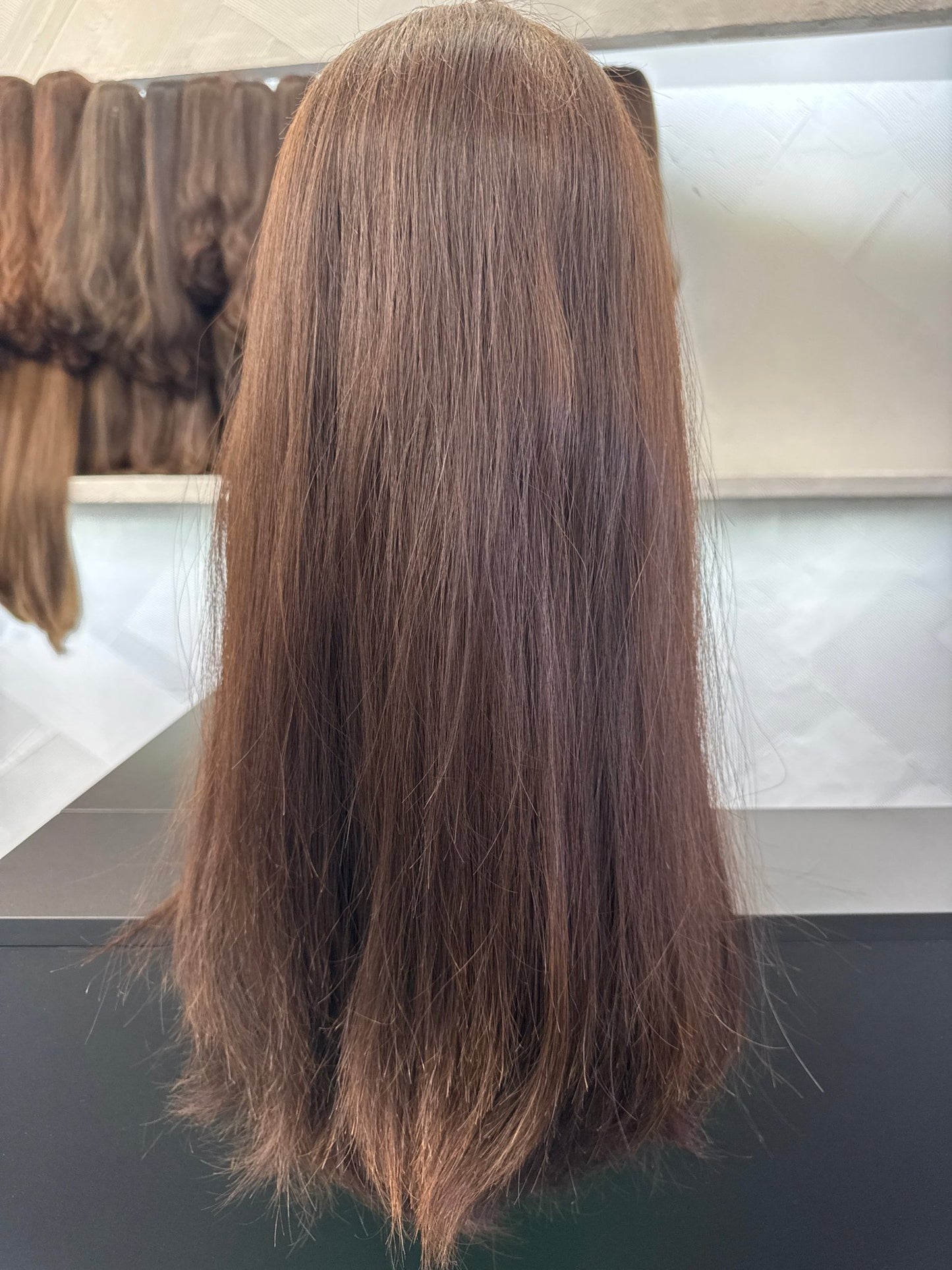 24 Inch Chestnut Brown Lace Top Wig | Straight, Medium Cap Human Hair Lace Top Wig | Tallie Wigs Los Angeles