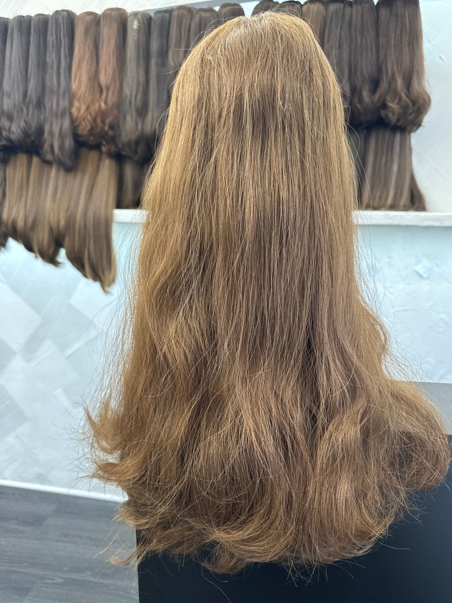 22" Human Hair Lace Top Wig | Chestnut Brown + Medium Blonde Brown | Medium Cap | Slightly Wavy Human Hair Lace Top Wig | Tallie Wigs Los Angeles