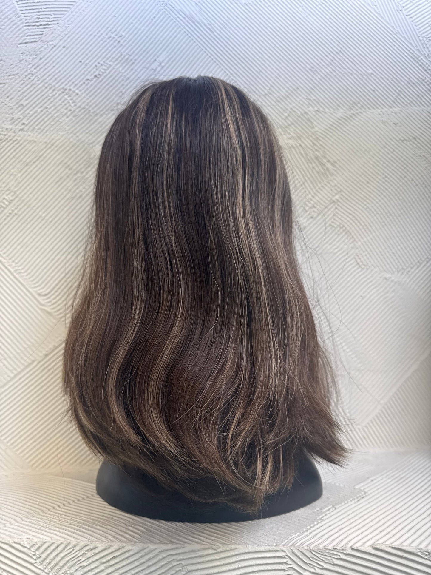 16" Lace Top Human Hair Wig in Dark Brown to Golden Blonde | Straight, Medium Cap Human Hair Lace Top Wig | Tallie Wigs Los Angeles