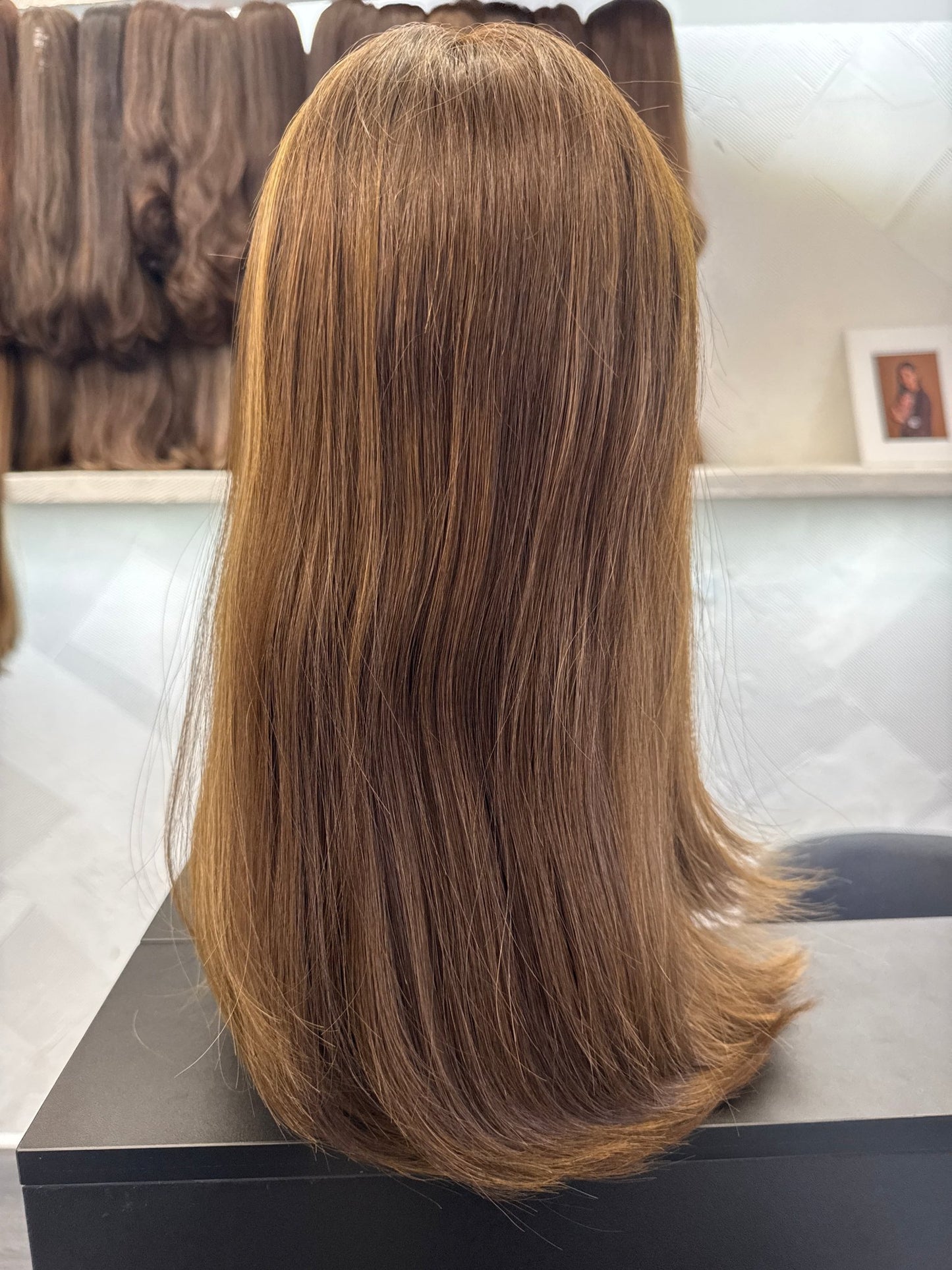 18 Inch Chestnut Brown & Light Brown Lace Top Wig | Straight, Medium Cap Human Hair Lace Top Wig | Tallie Wigs Los Angeles